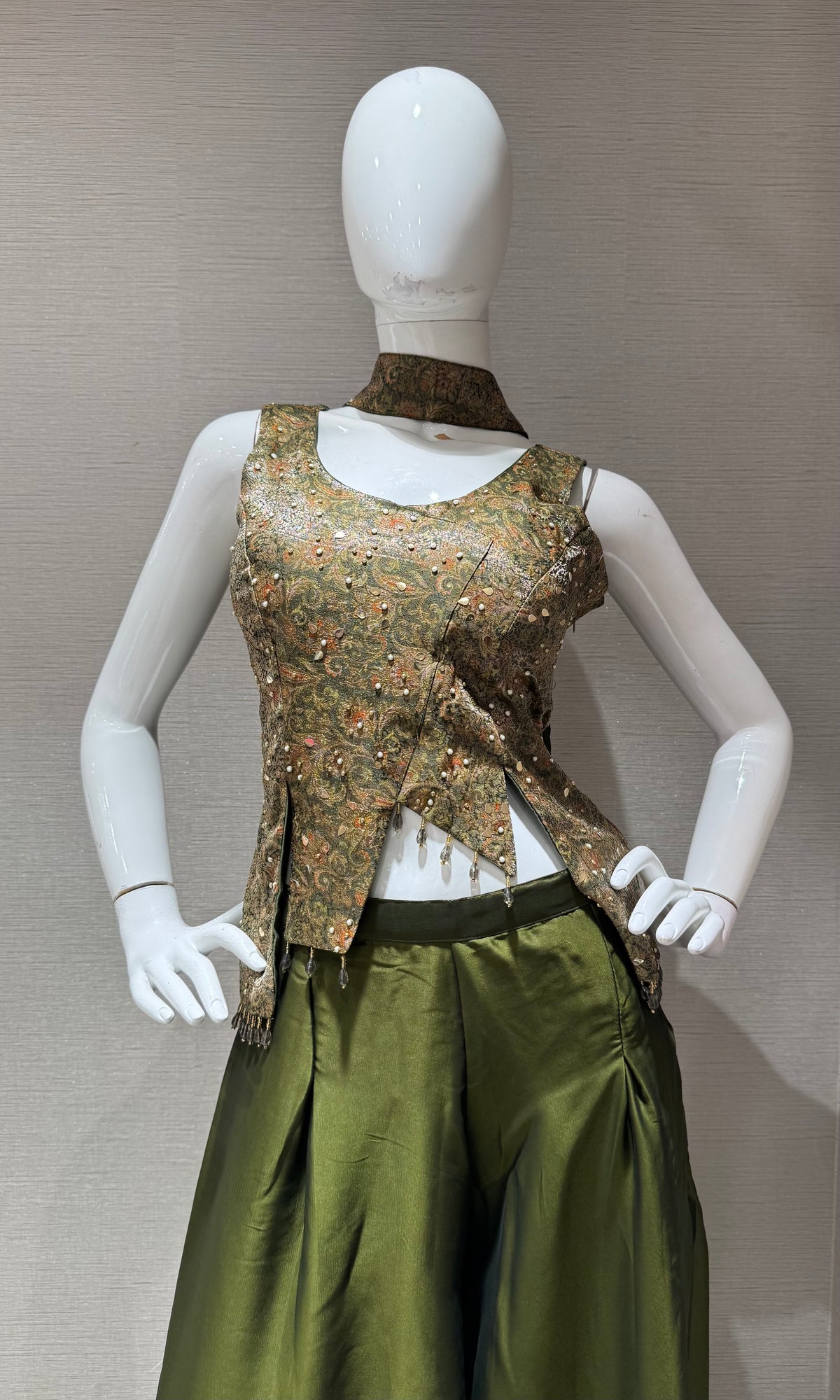 Olive Green Georgette Palazzo Set with Metallic Gold Halter Top