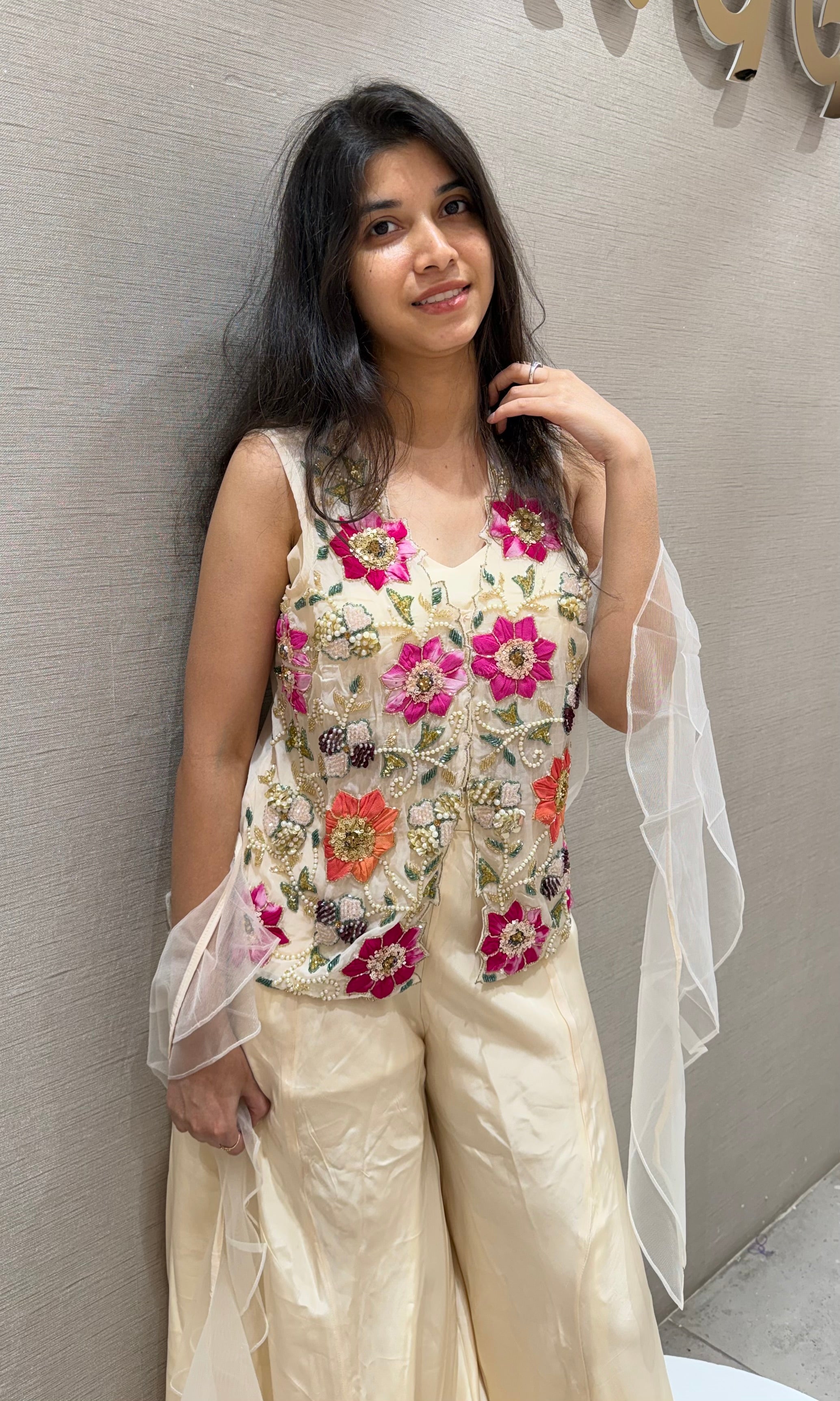 Ivory FLORAL EMBROIDERED PALAZZO SET