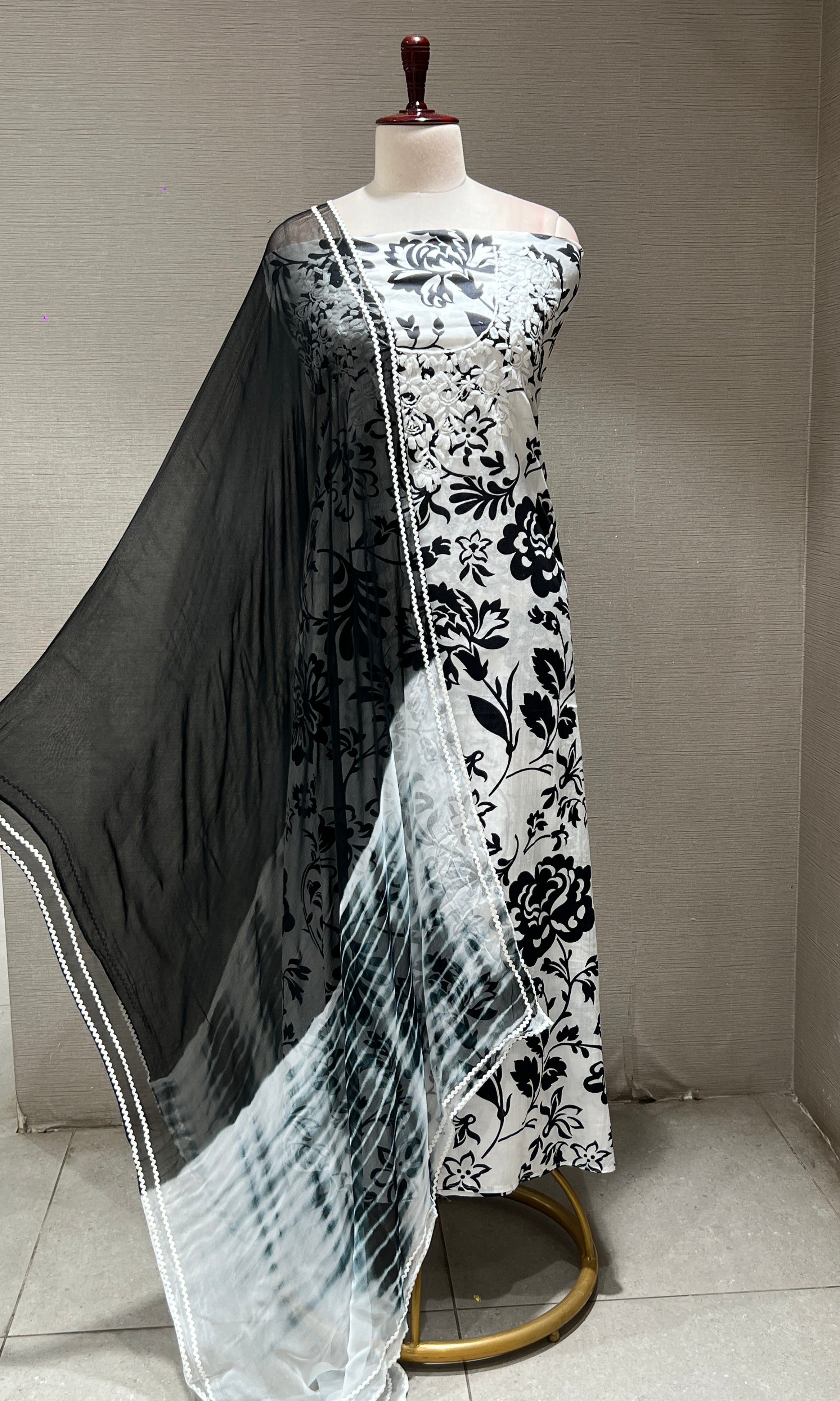 White AND BLACK FLORAL dress material