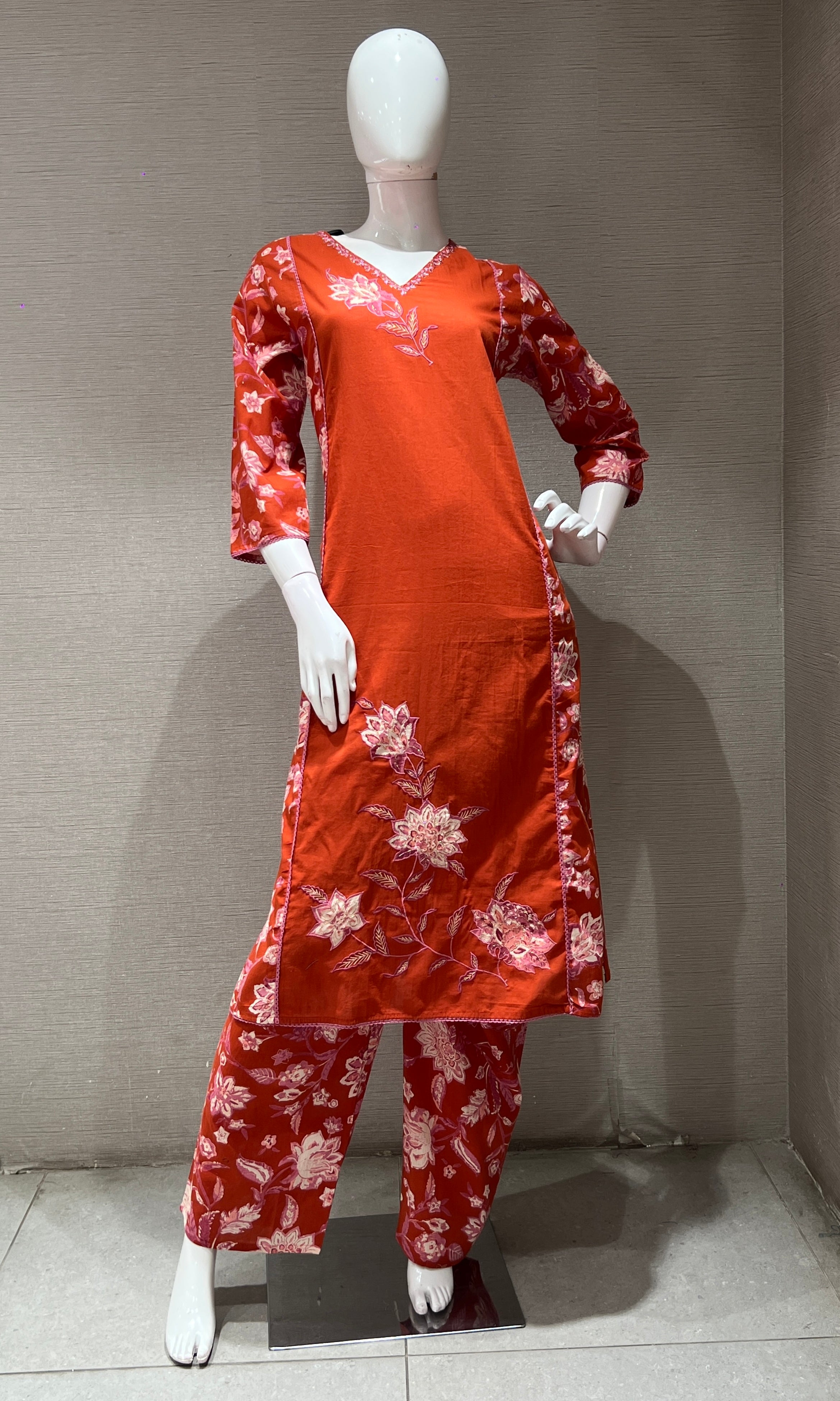 RUST FLORAL MOTIF PRINTED KURTA SET