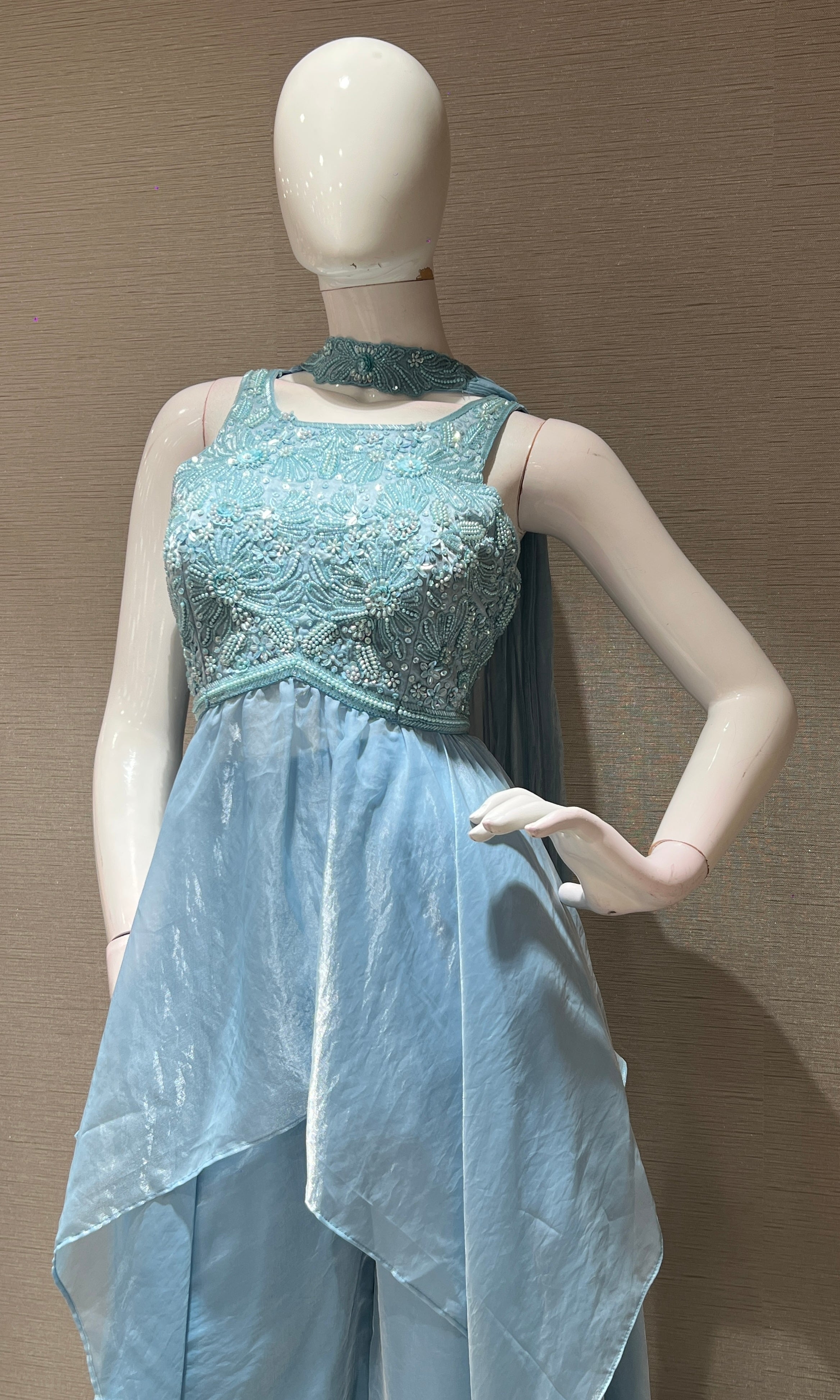 Sea blue EMBROIDERED BLOUSE PALAZZO SET