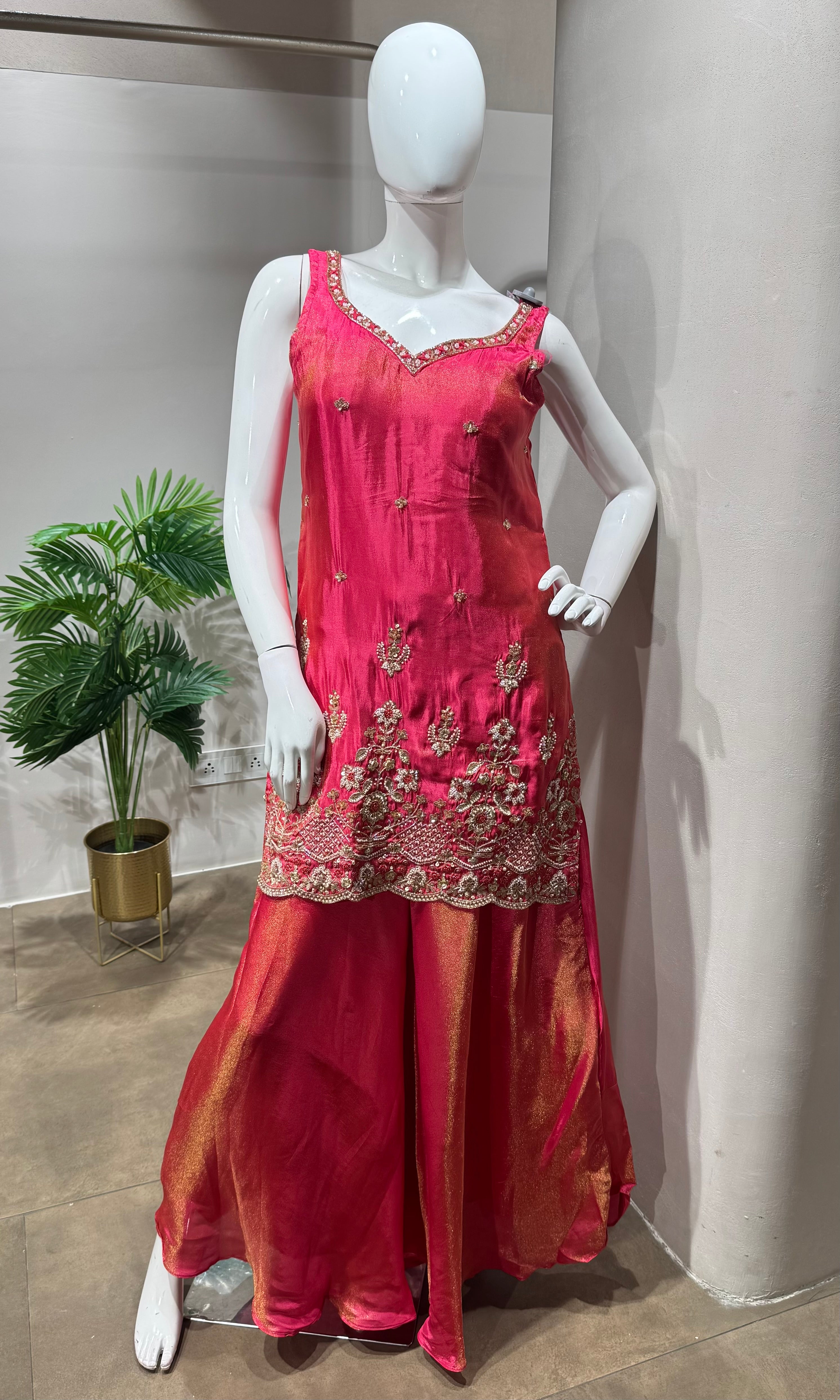 PINK SHIMMER GOLDEN EMBROIDERY SHARARA SET