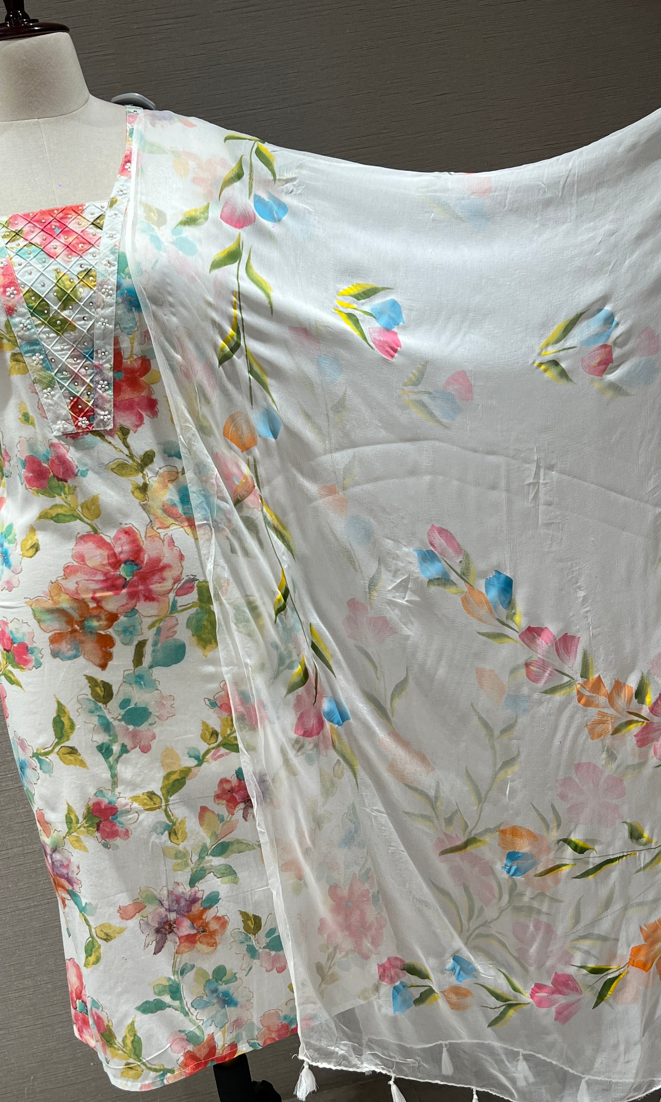 Multi colour floral embroidered dress material