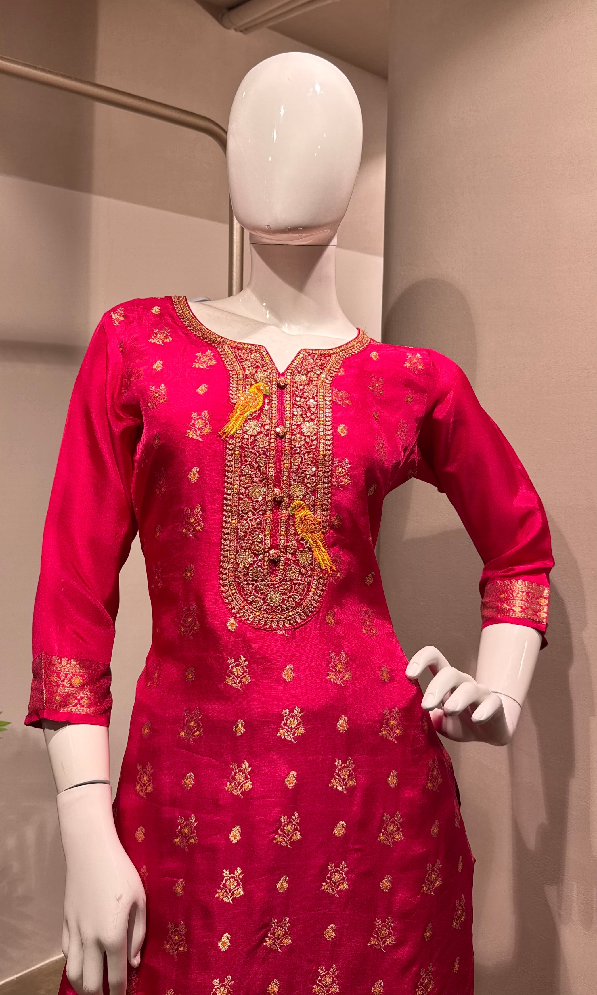 Pink Paithani art silk kurta set with dupatta
