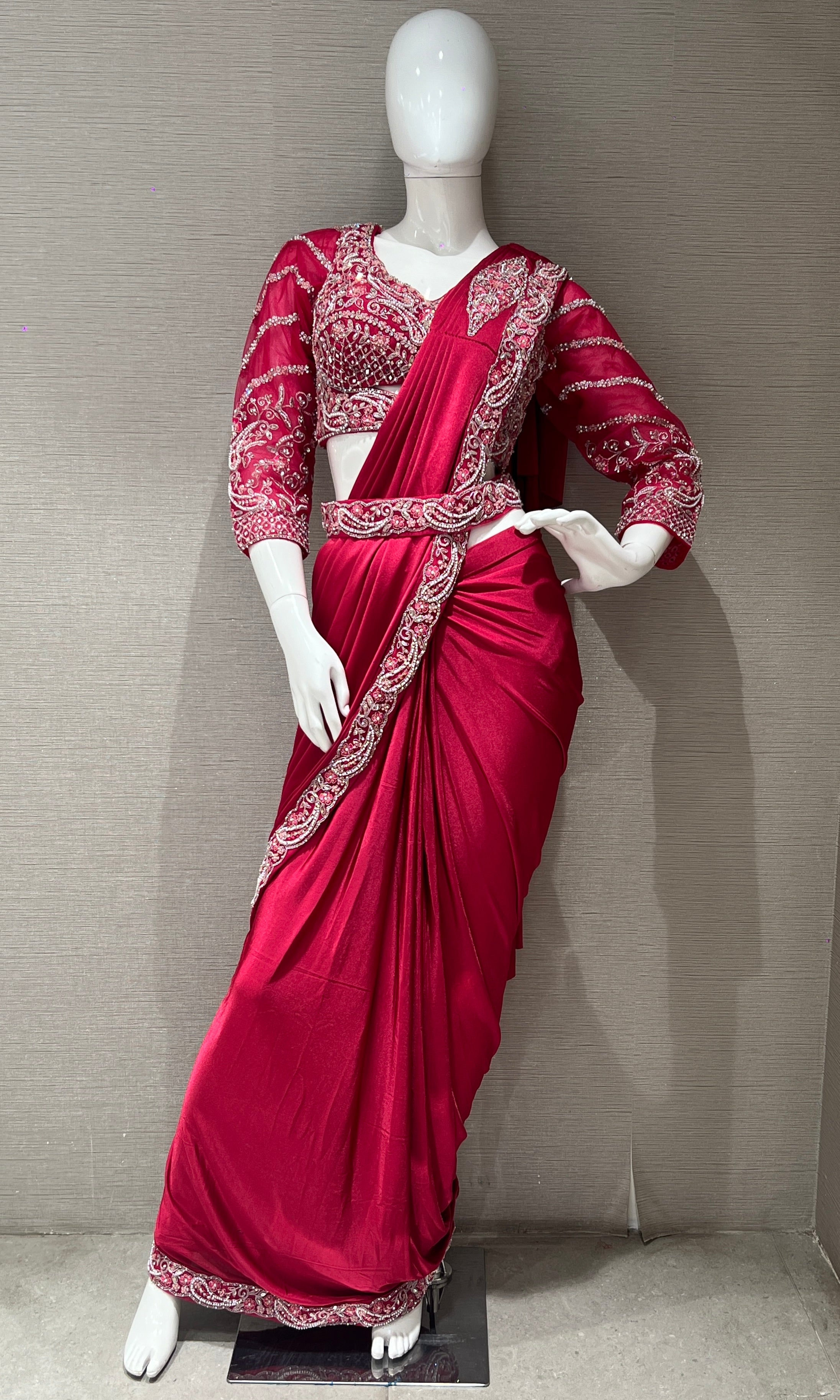 Pink Floral Beads Embroidered drape saree