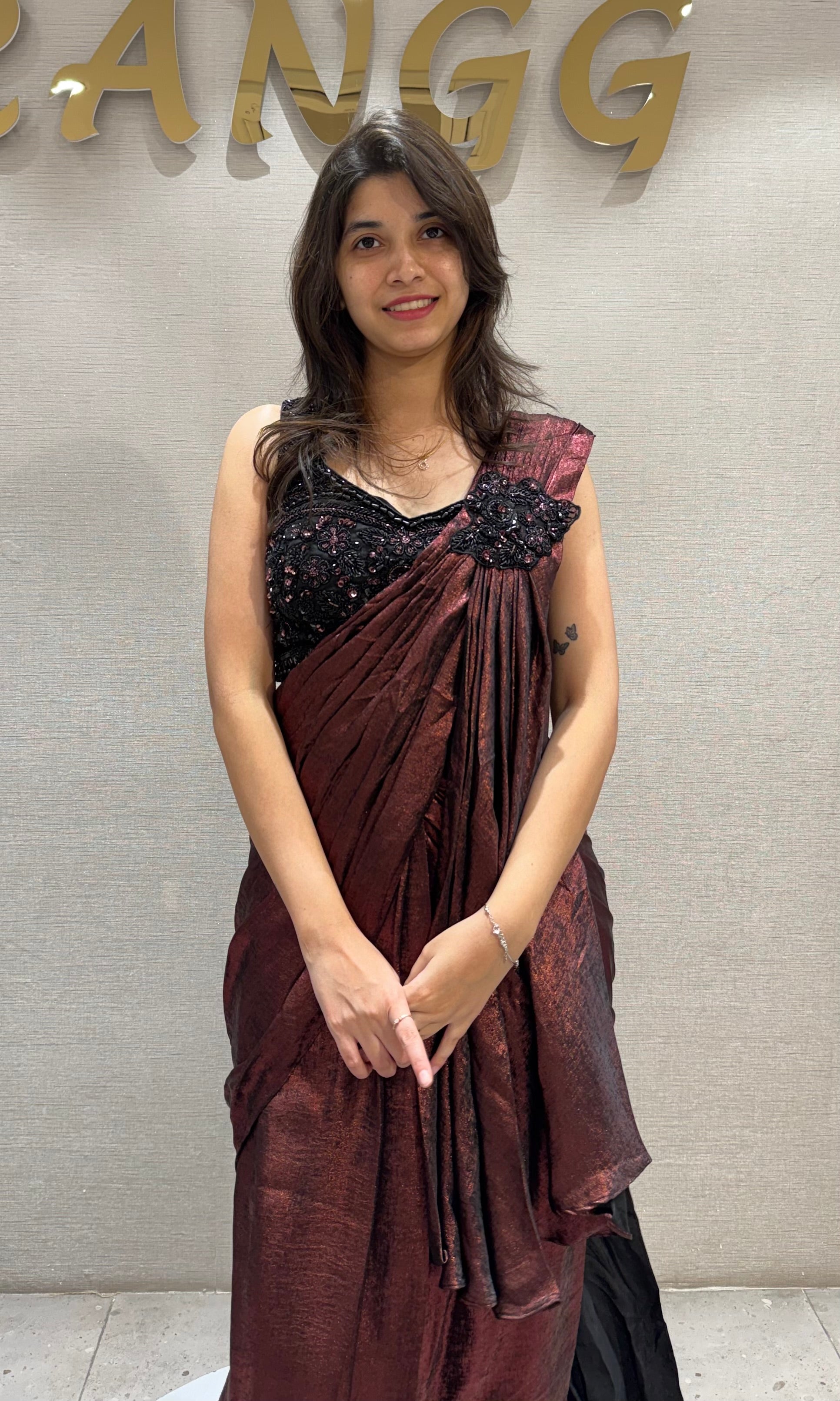 Maroon Crystal Embellished Draped Saree