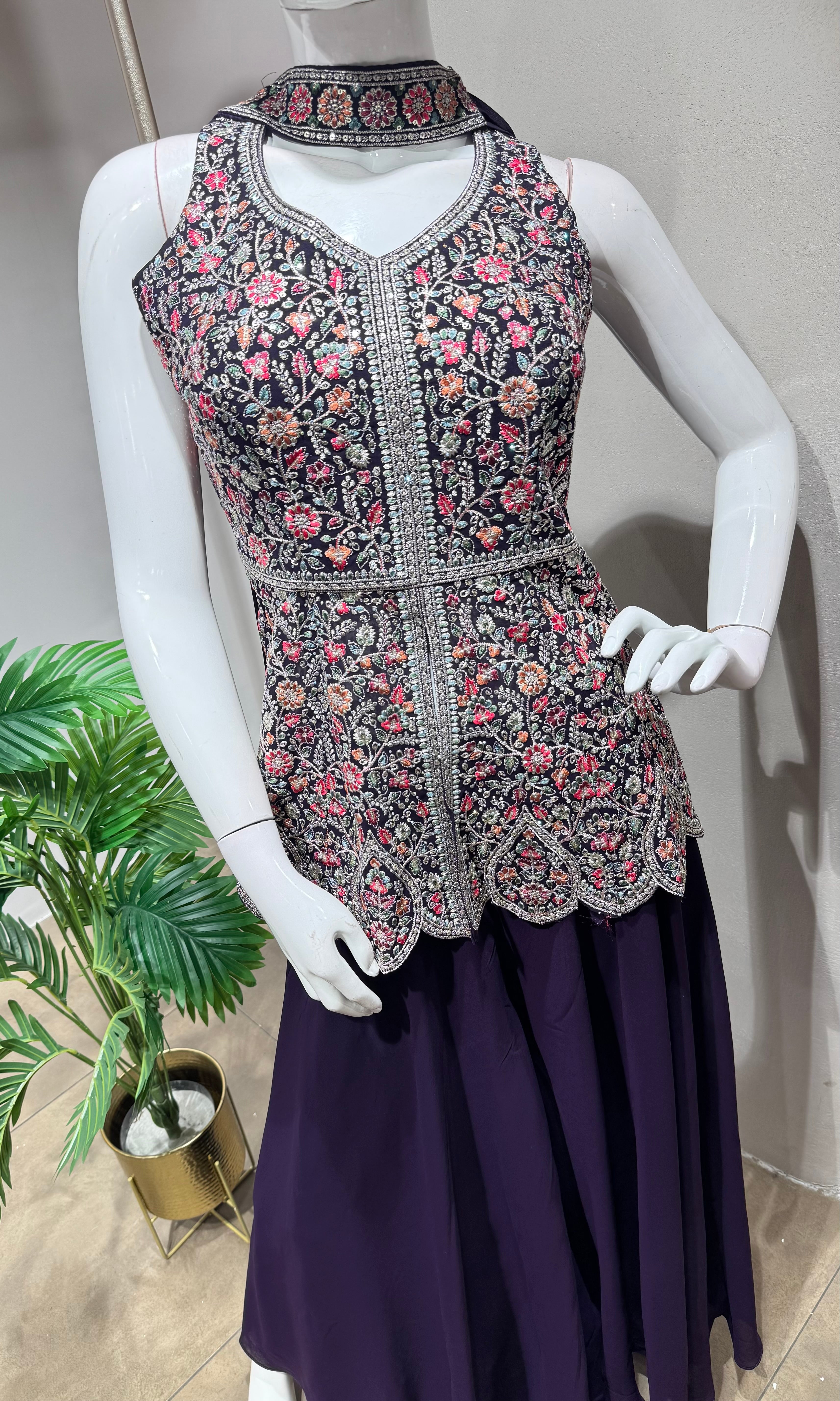 PURPLE EMBROIDERY PEPLUM PALAZZO SET