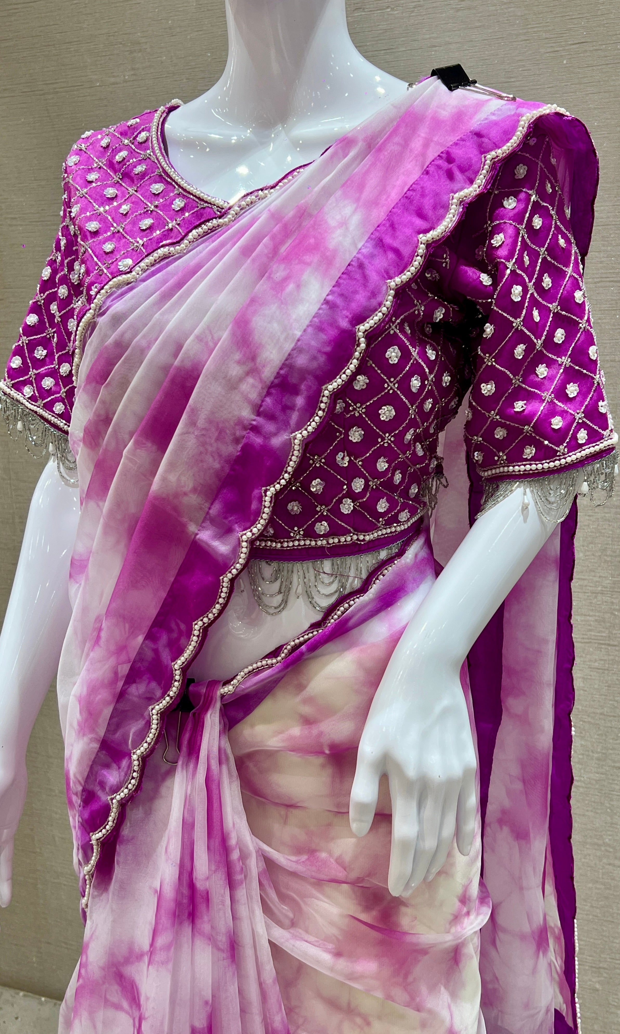 Purple Tie and Dye saree with ready blouse