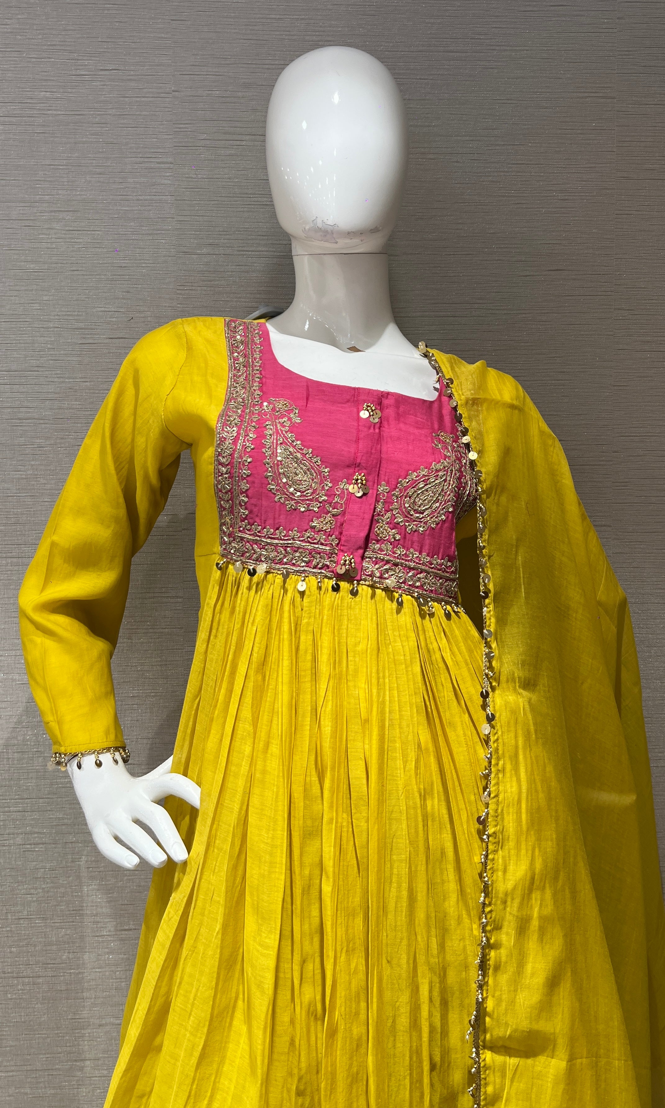 Yellow Flared Anarkali with Contrast Dupatta