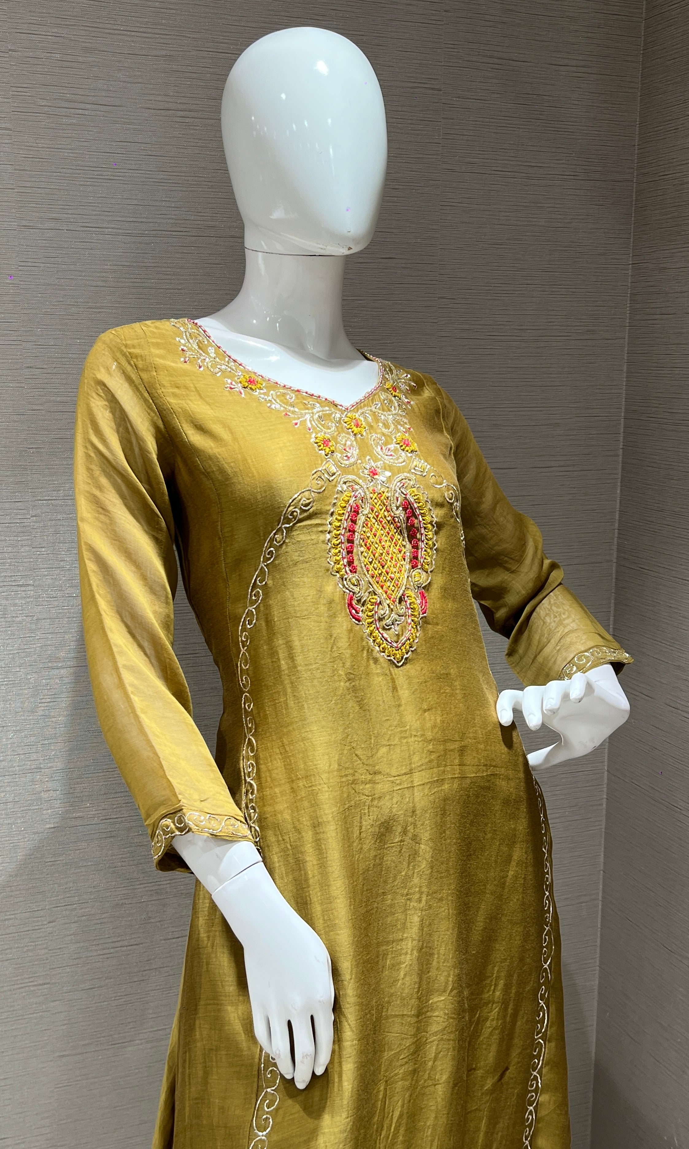 olive green embroidered MUL CHANDERI kurta set