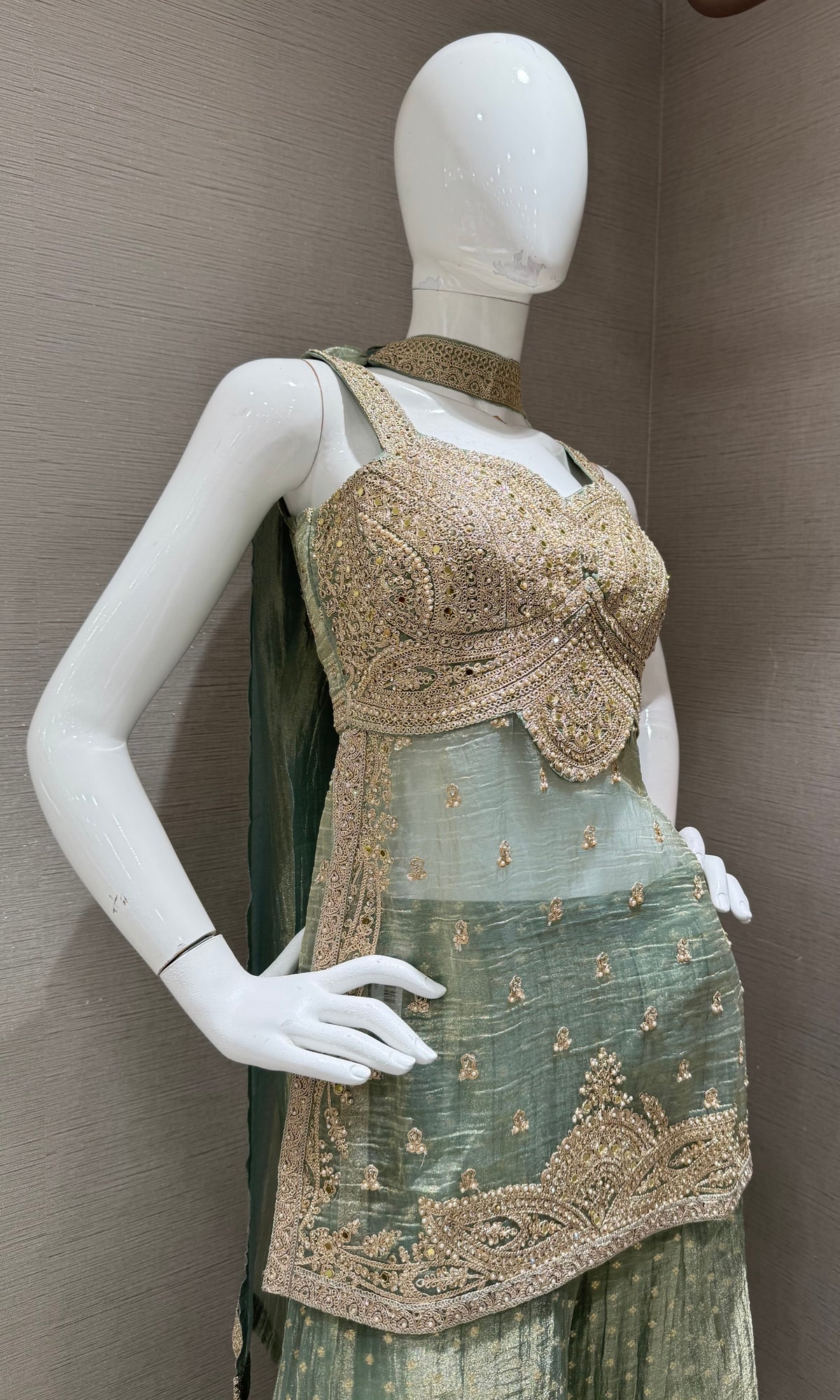 Sage Green Tissue silk Zari Mirror Short Kurti Sharara Set