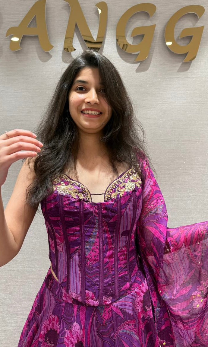 FUSCHIA PURPLE ABSTRACT CORSET LEHENGA