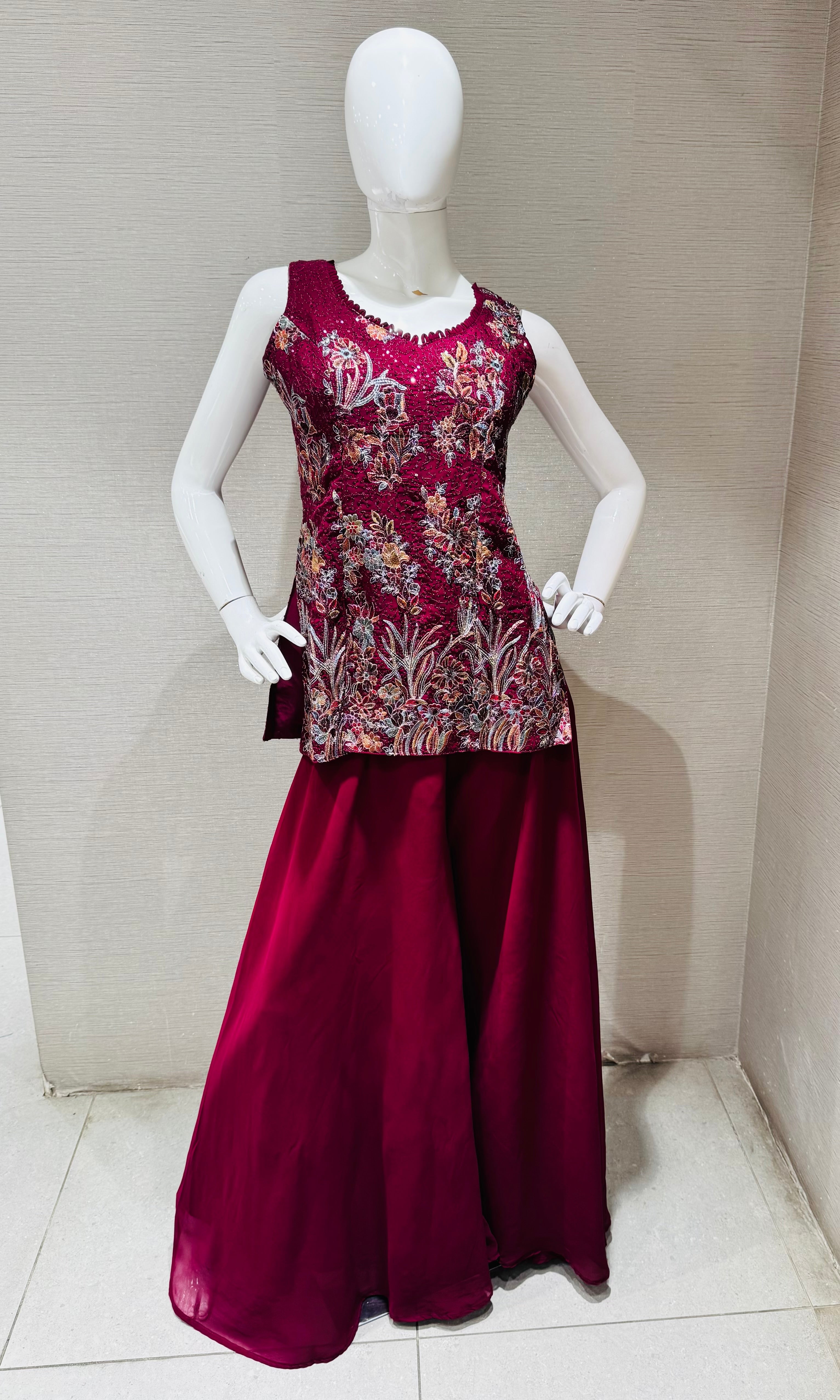 Wine floral zari georgette Palazzo set