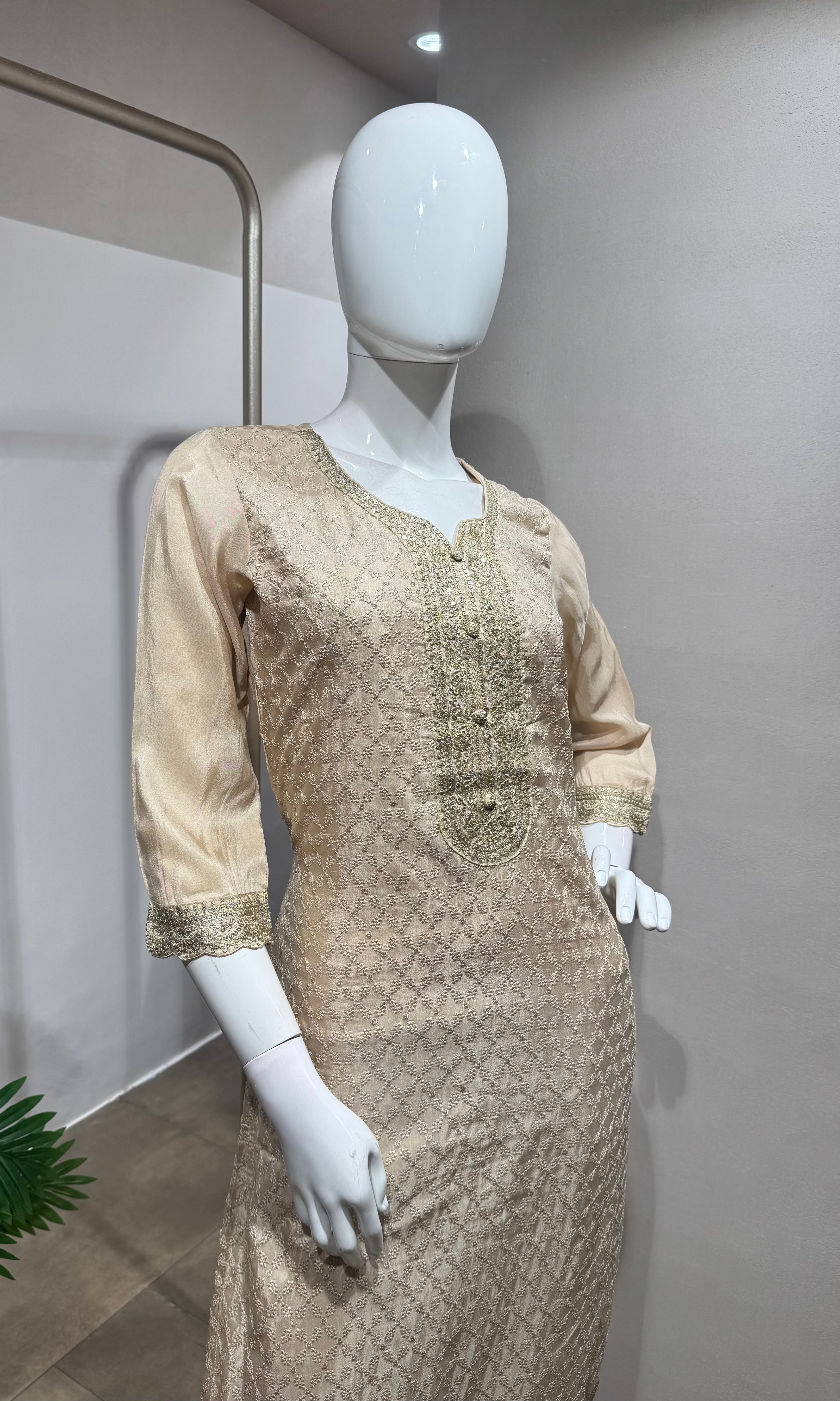 Ivory straight kurta set with contrast dupatta