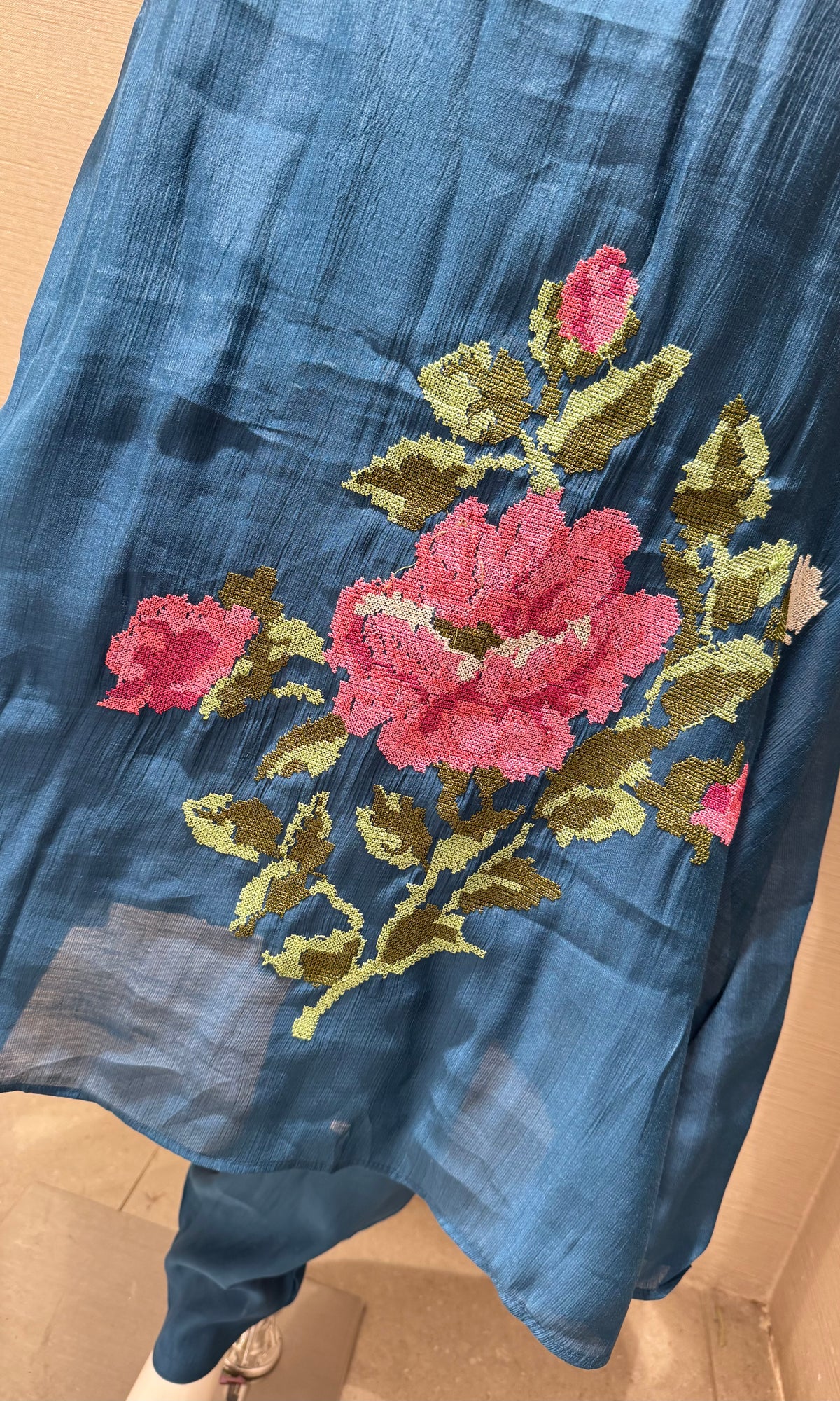 Blue Floral Embroidered Cotton Kurta Set with Dupatta