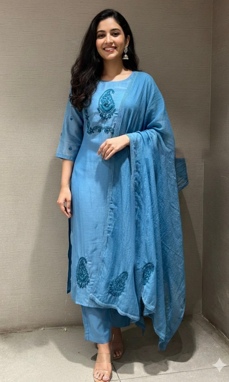 Sea Blue MUL CHANDERI kurta set