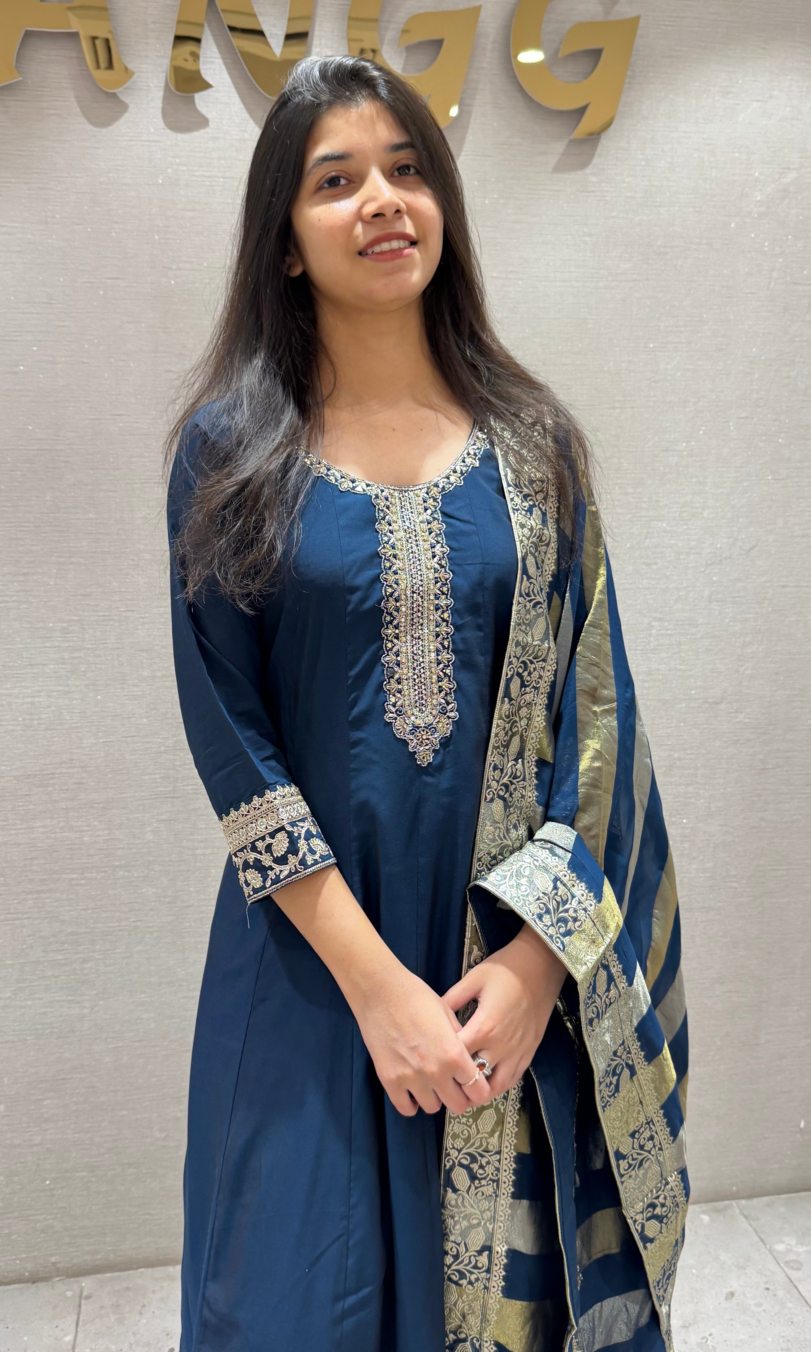 Regal Navy Blue Embroidered Anarkali Set