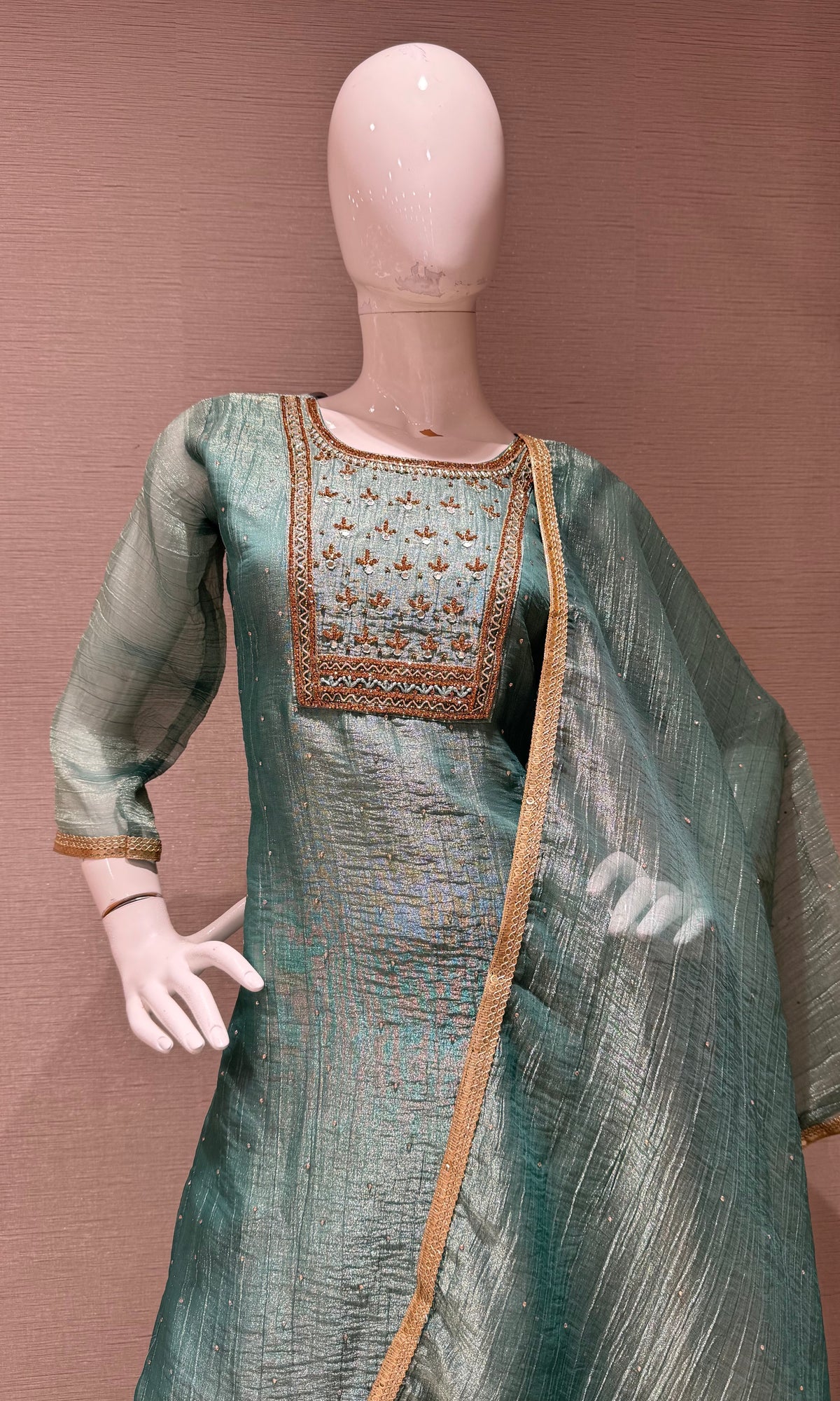 Sea green Tissue silk Salwar Kurta set with Gold Embroidery