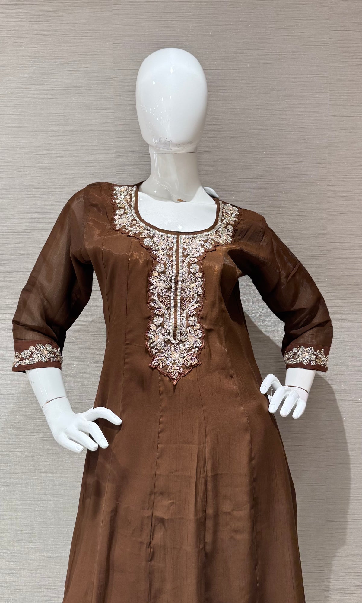 Brown Kurta set with Matching Sheer Dupatta