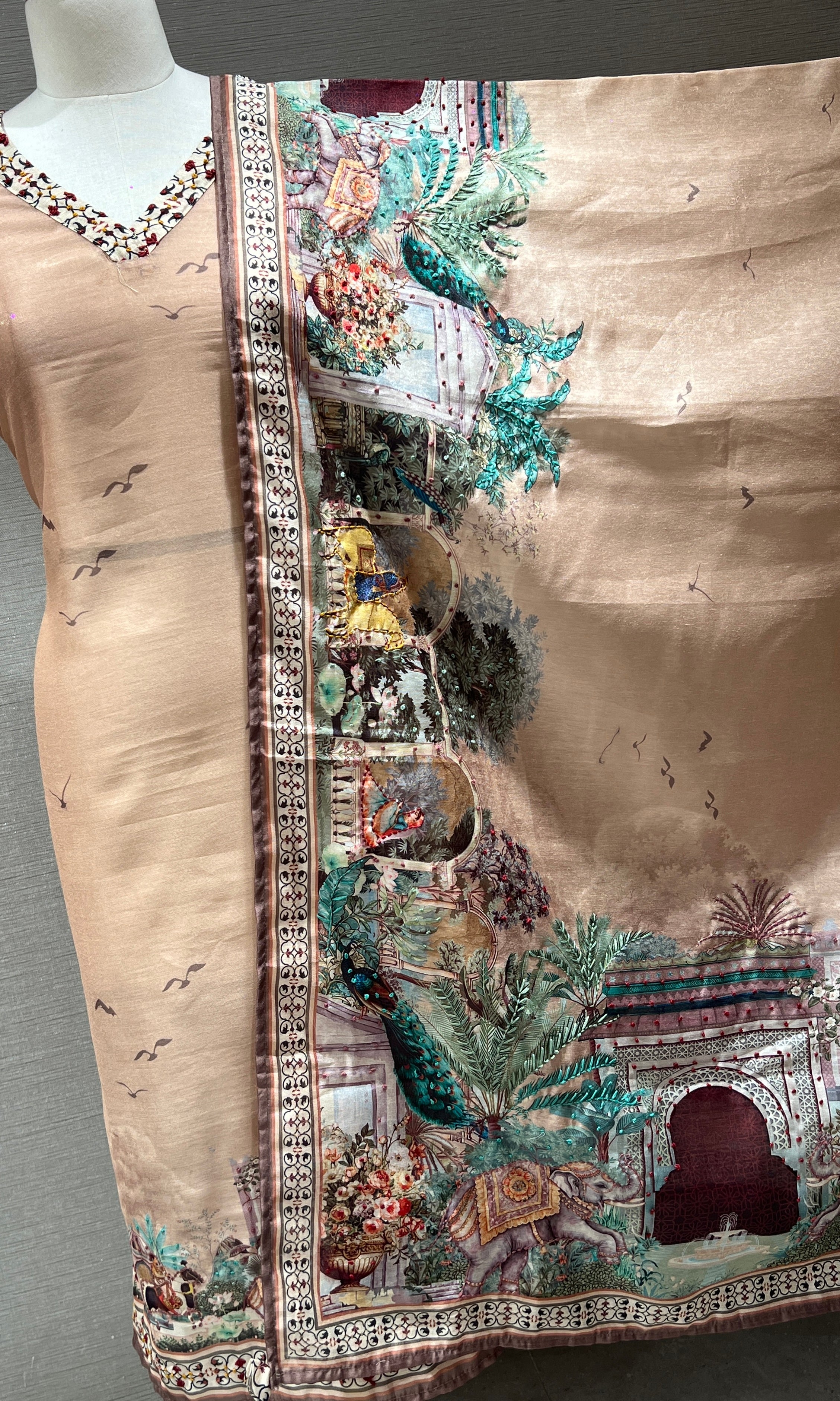 Gold floral embroidered dress material