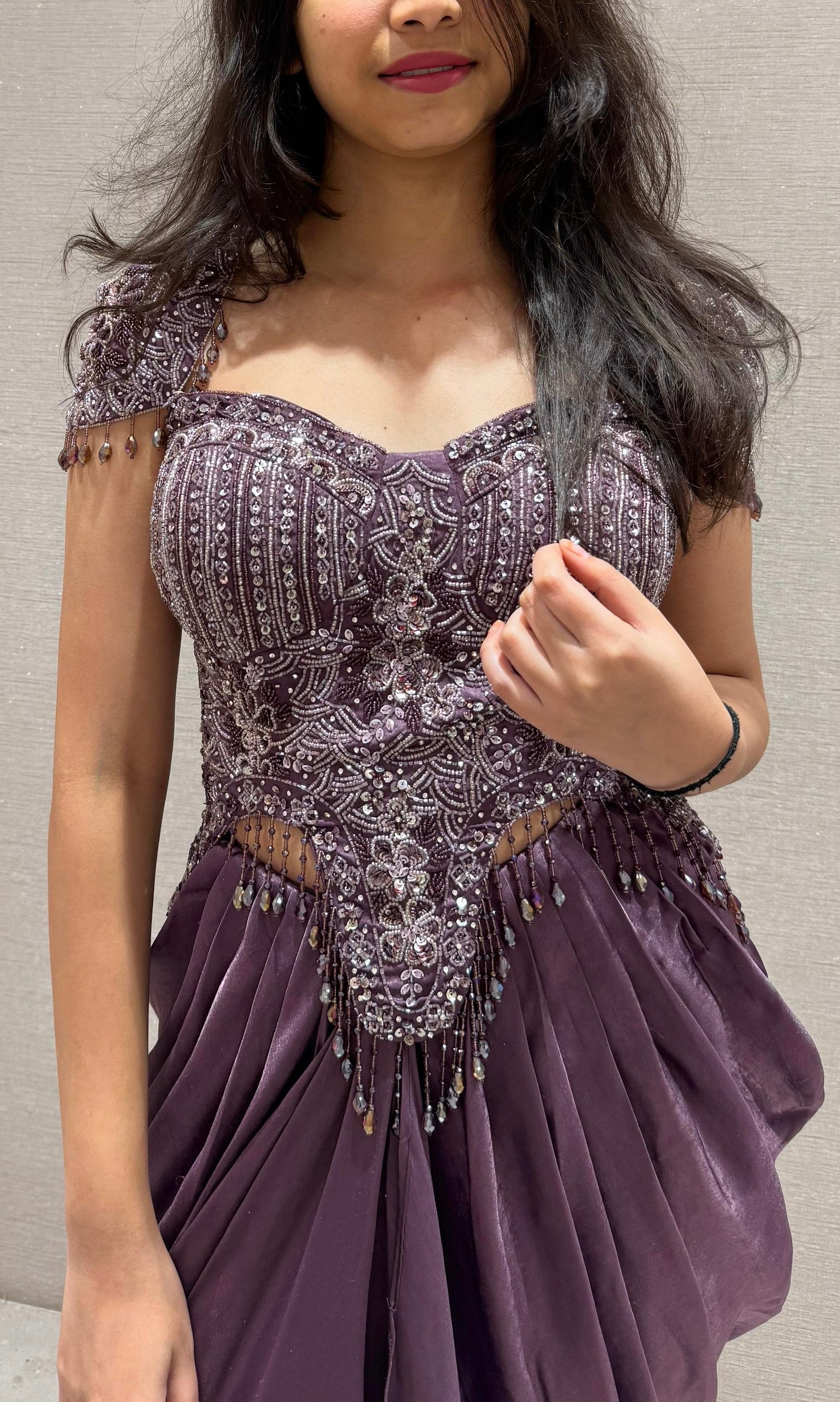 Wine corset blouse with drape skirt Indo western dress