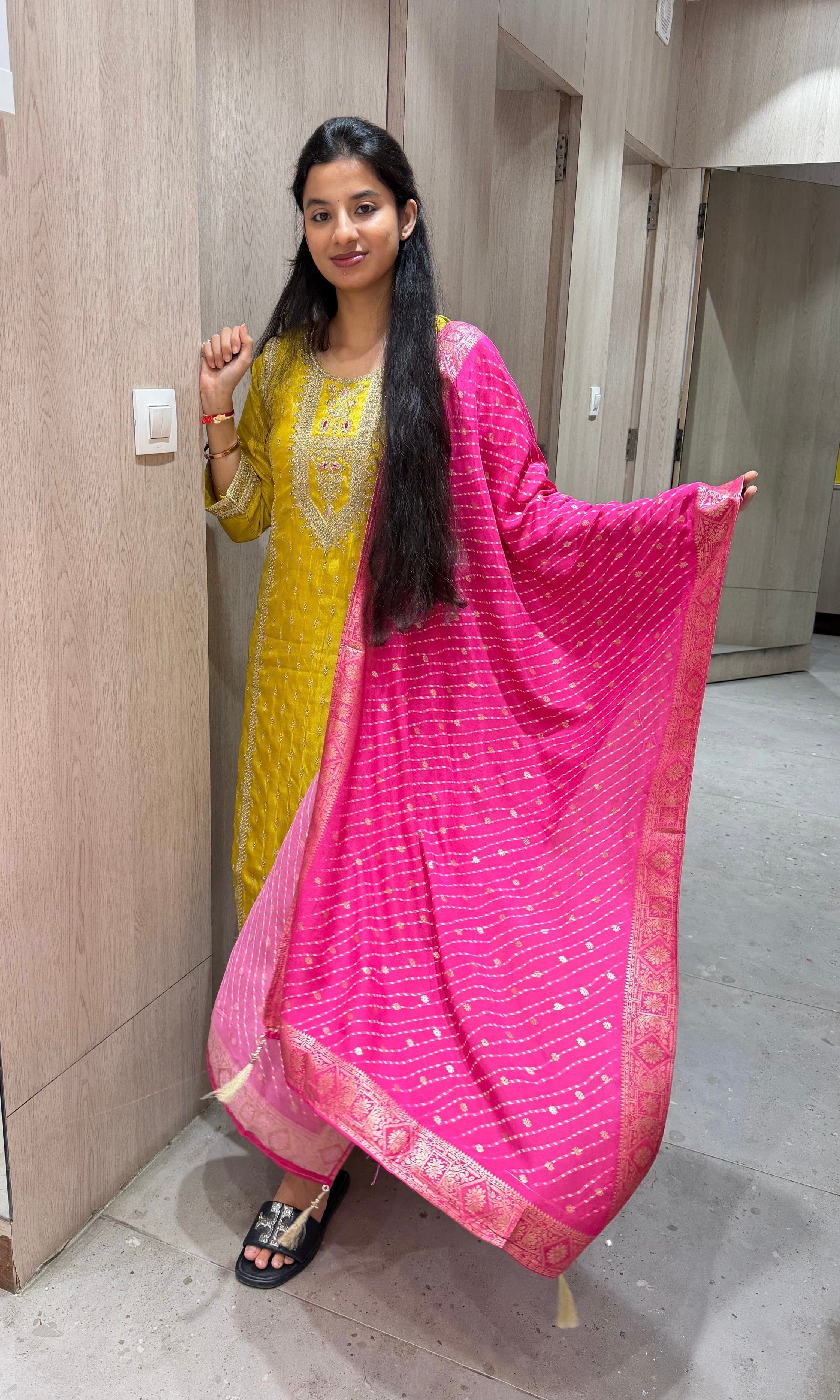 Yellow kurta set WITH CONTRAST PINK DUPATTA