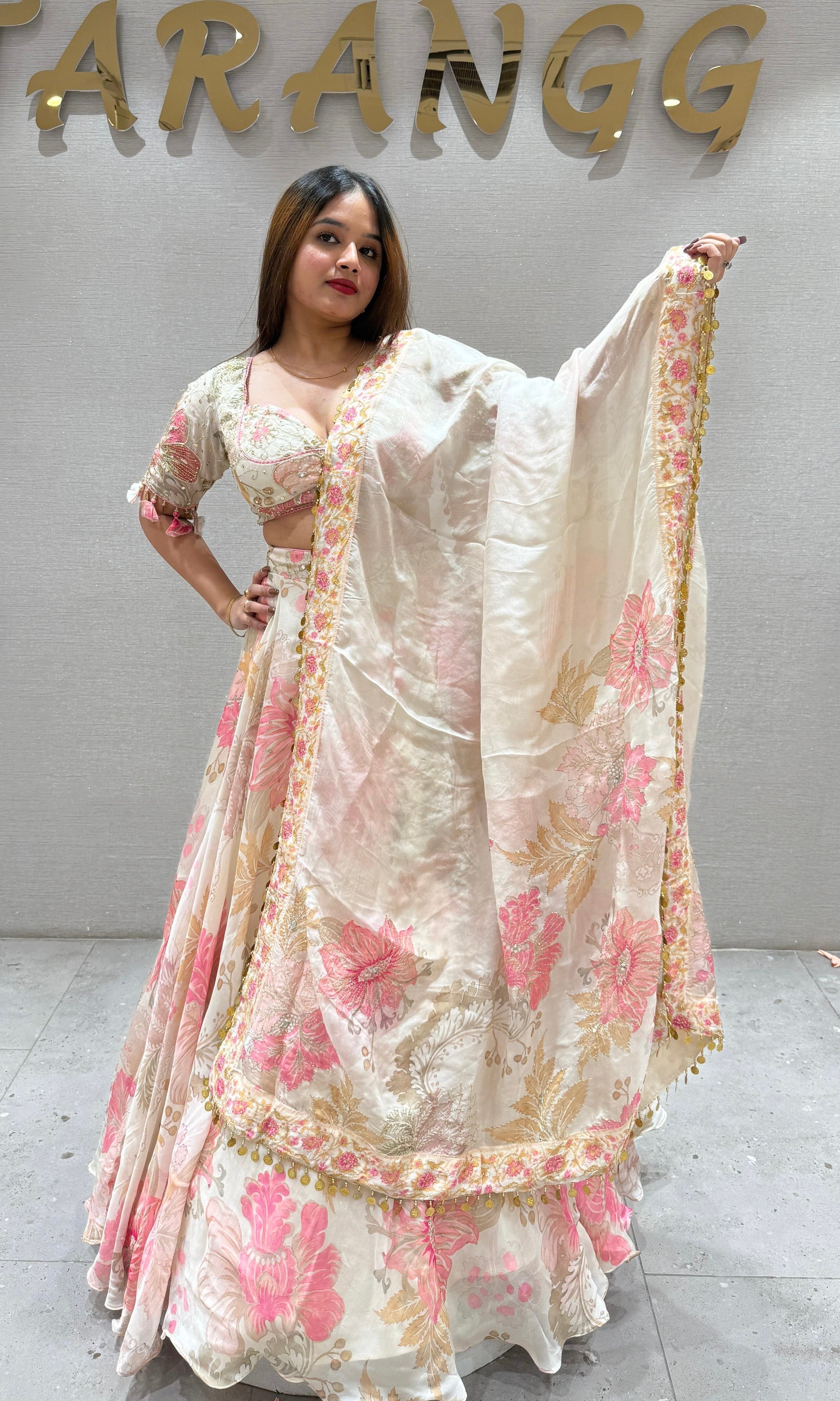 White and pink floral printed Lehenga