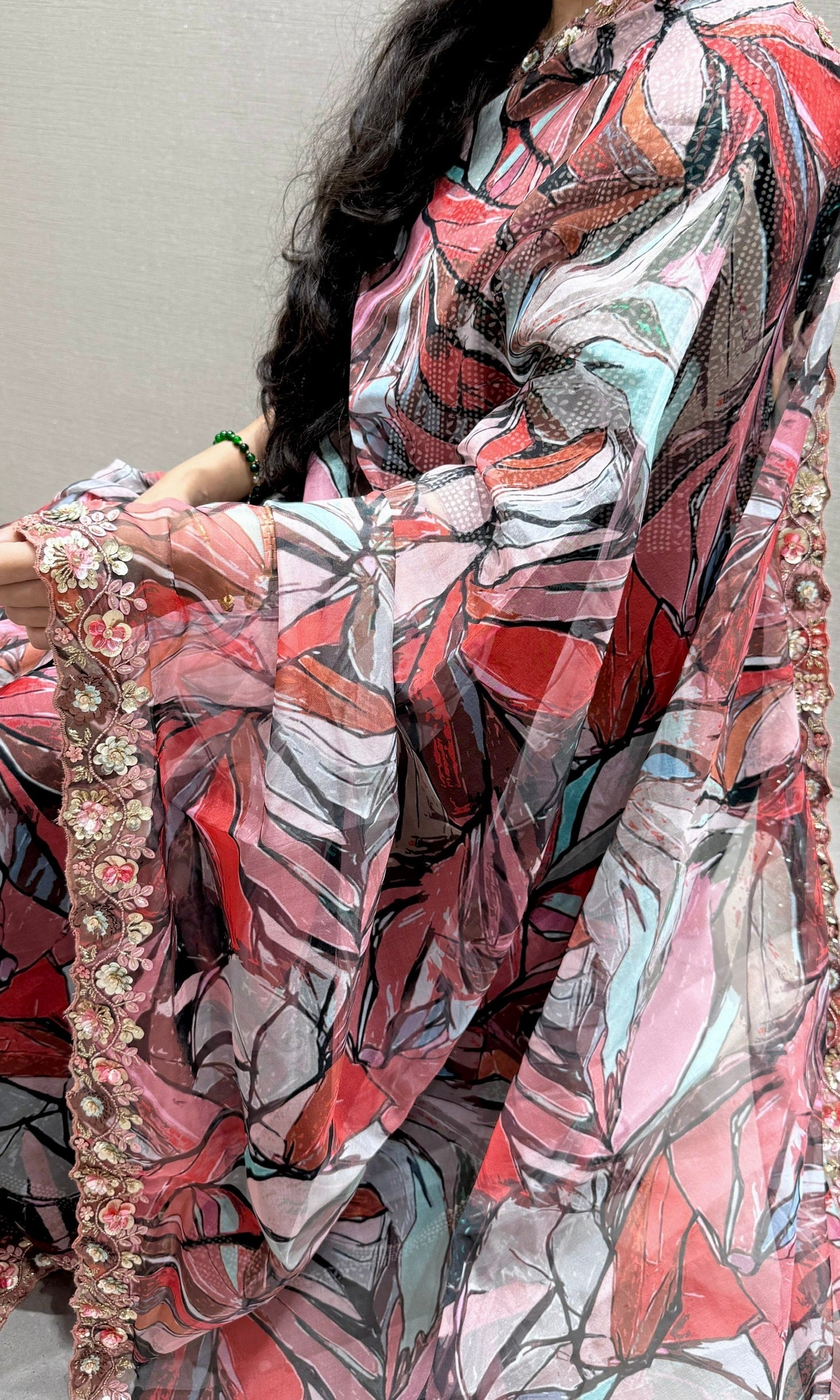 Onion pink digital printed soft organza saree with ready blouse