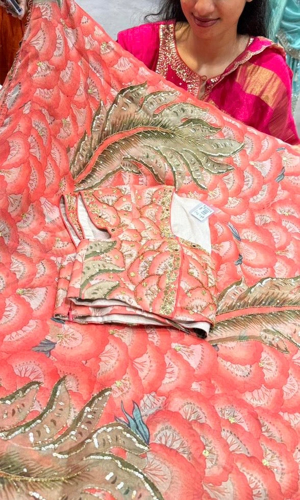 Peach floral print saree with ready blouse