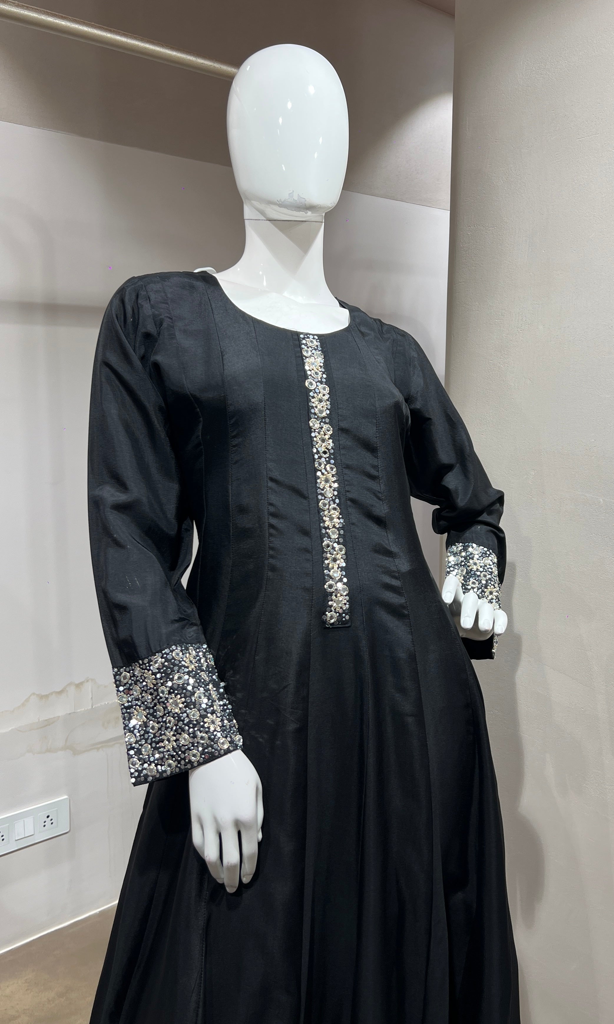 black Straight Kurta Set with Mirror Embroidery