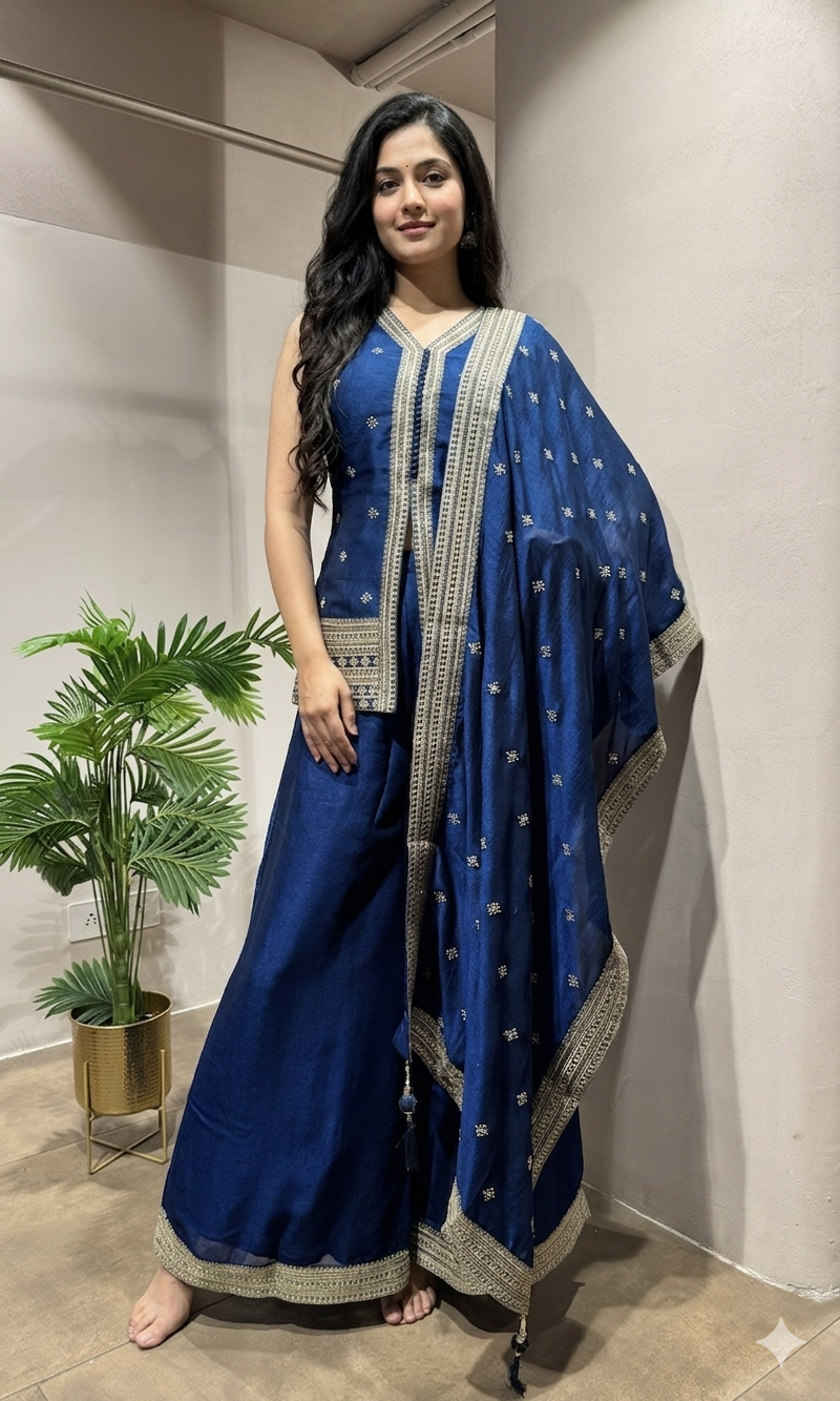 Blue Gold Embroidery sharara set