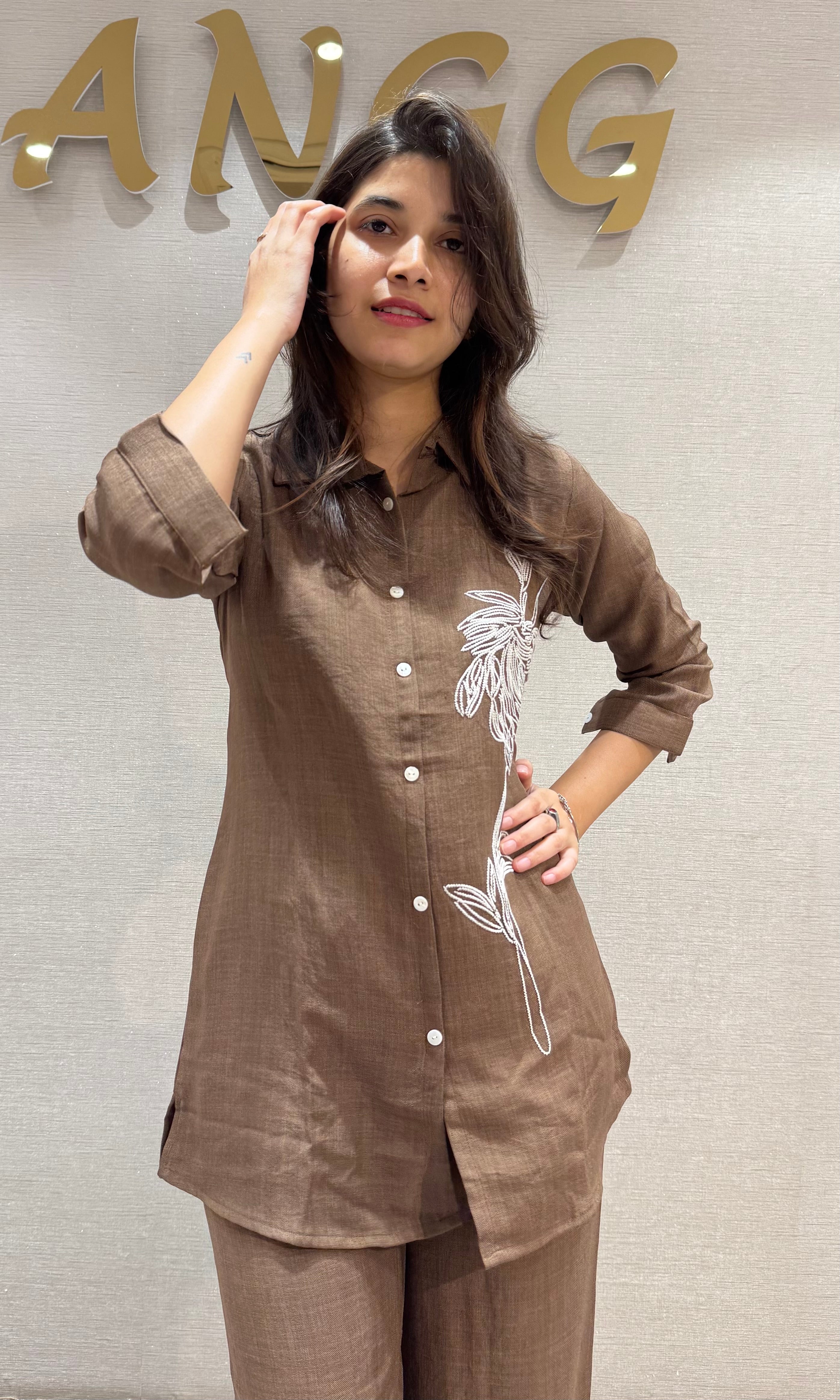 Brown Floral Embroidered Cord Set