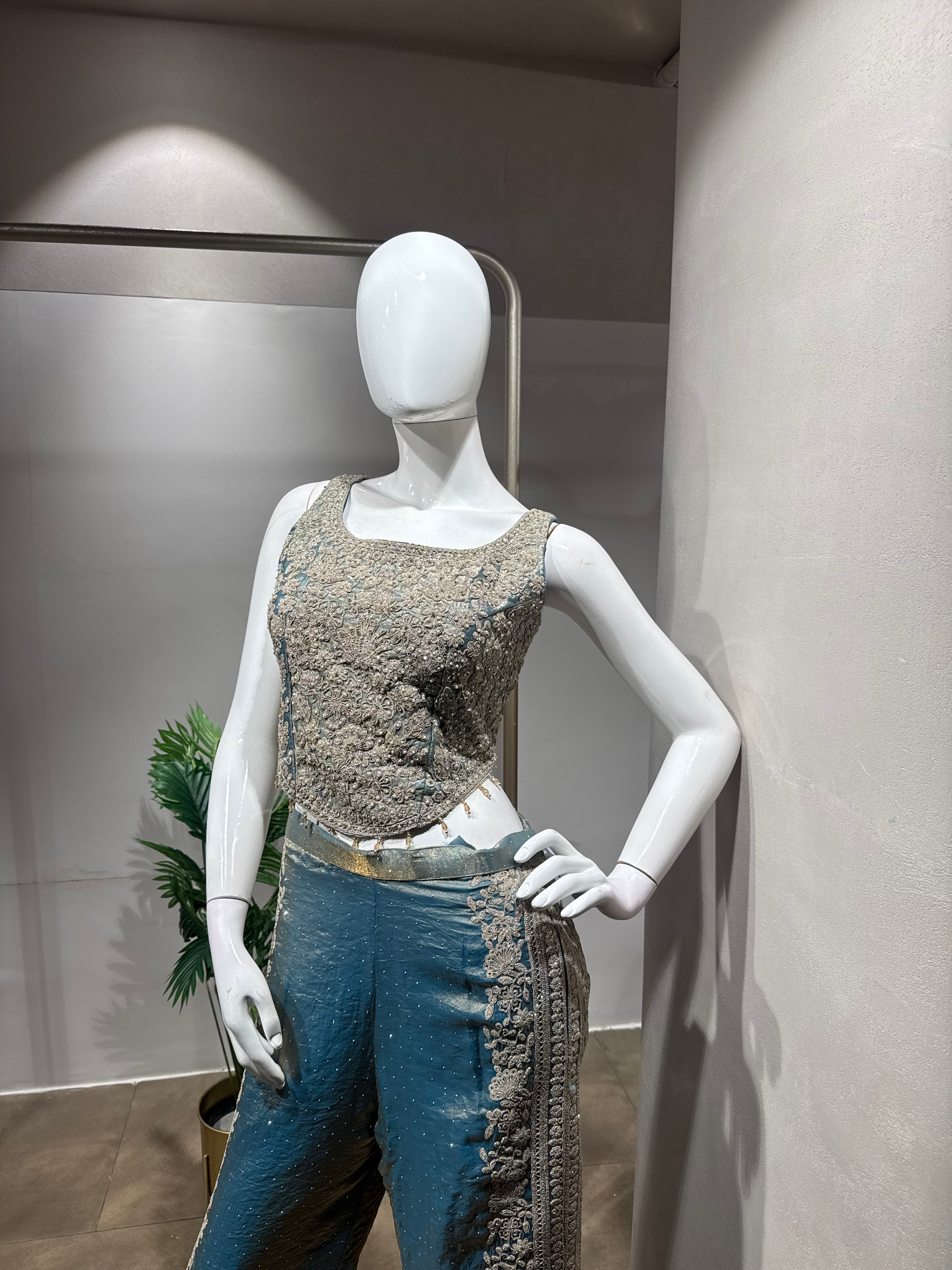 Blue golden Embroidered Tissue palazzo Set