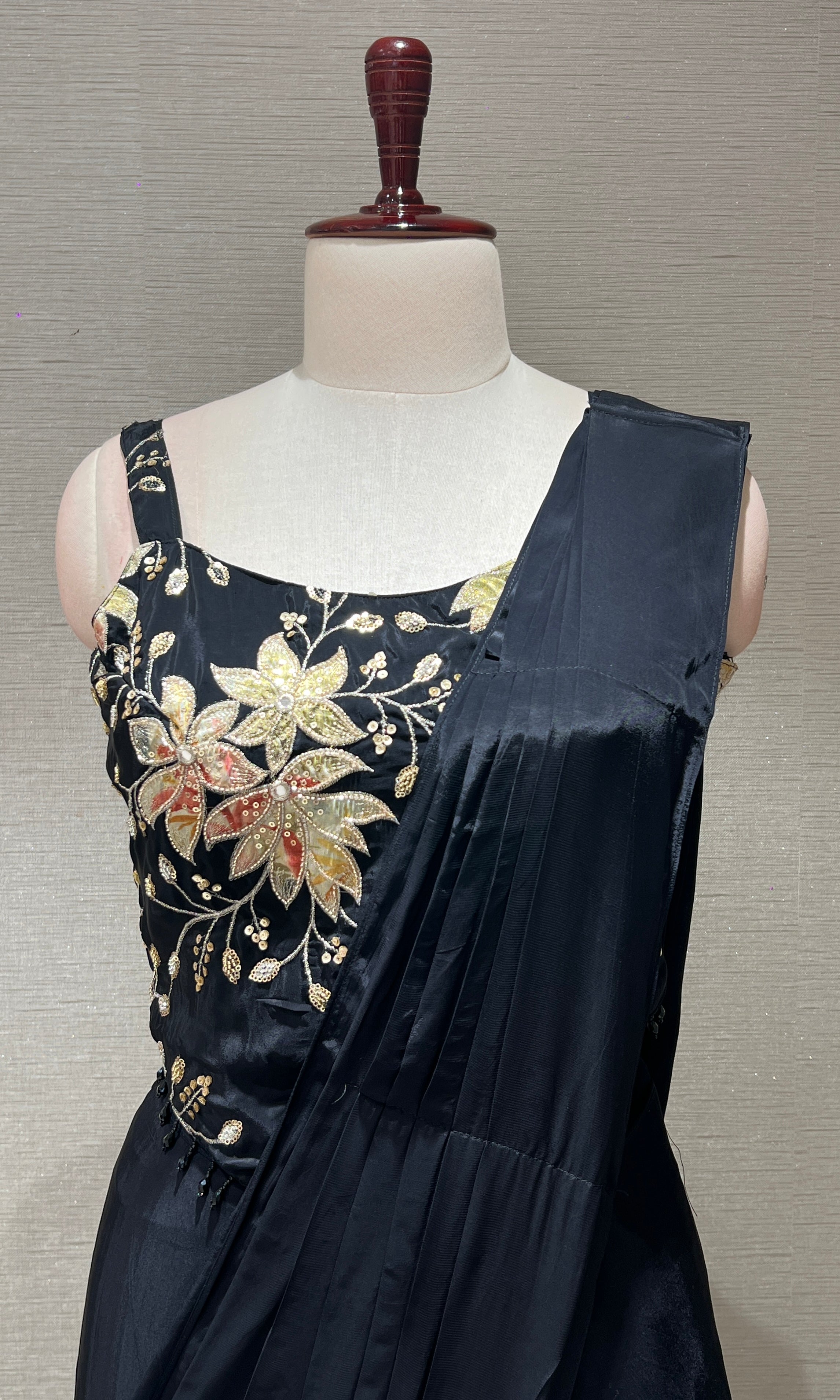 Black drape saree WITH FLORAL CORSET BLOUSE