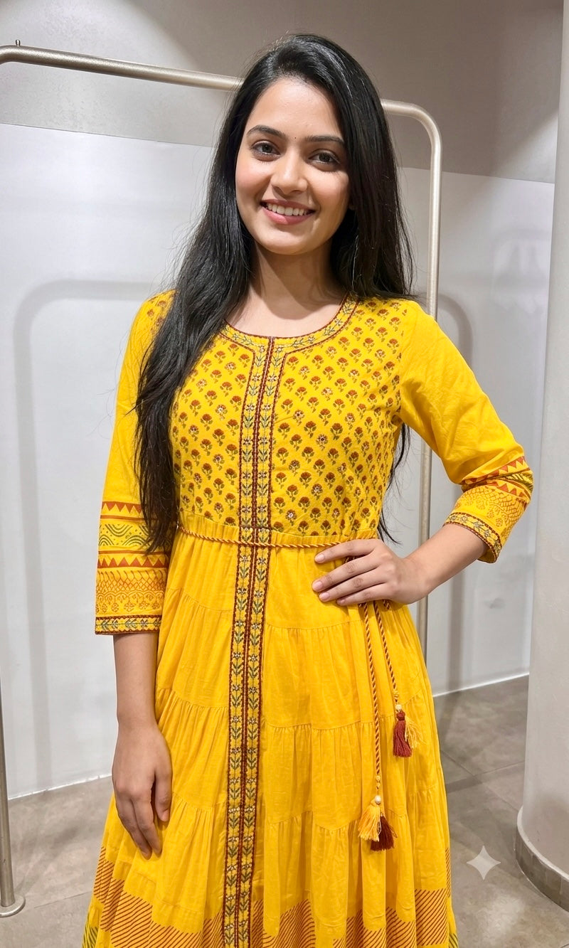 yellow ethnic printed cotton Frock