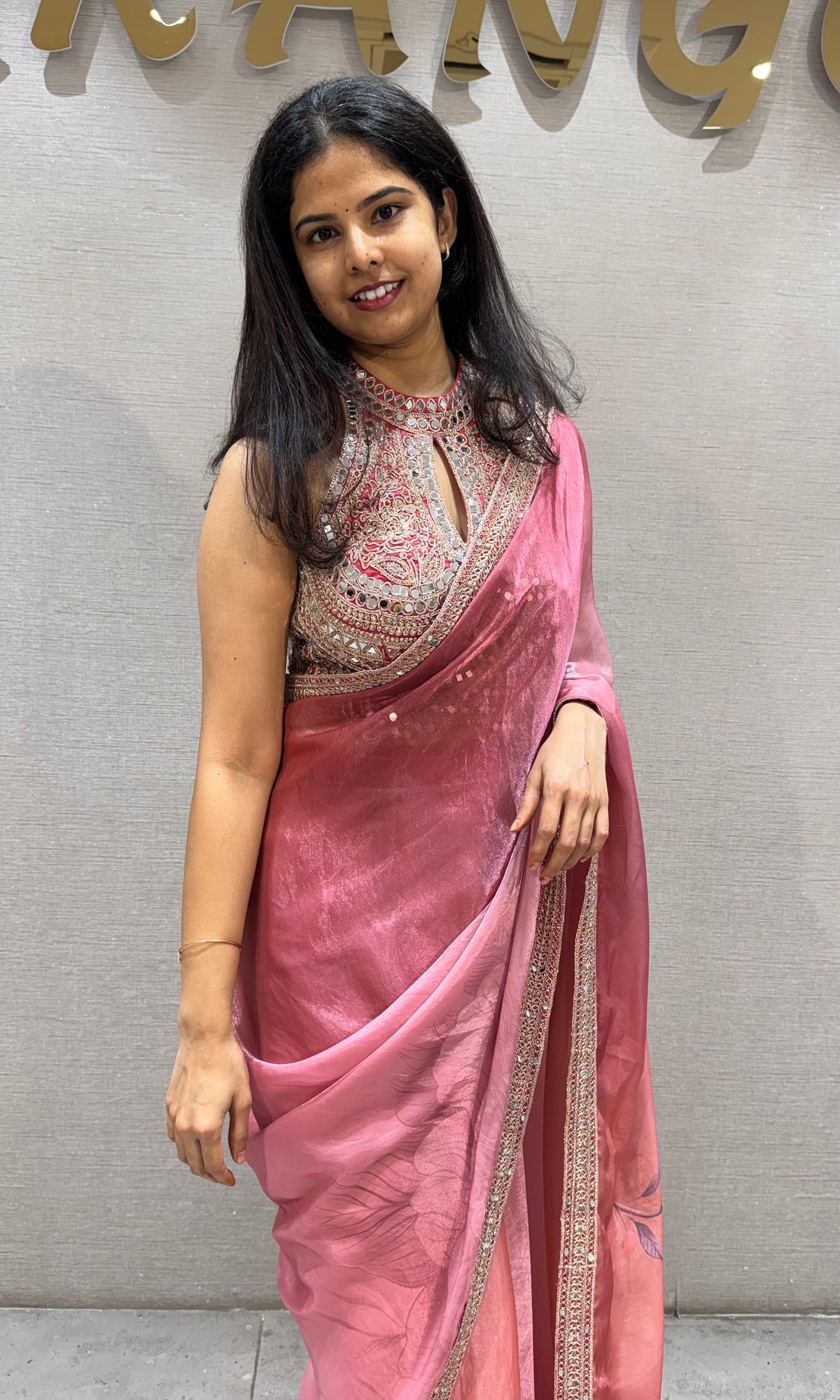 Blush Pink Satin Organza Floral Saree with Scalloped Border