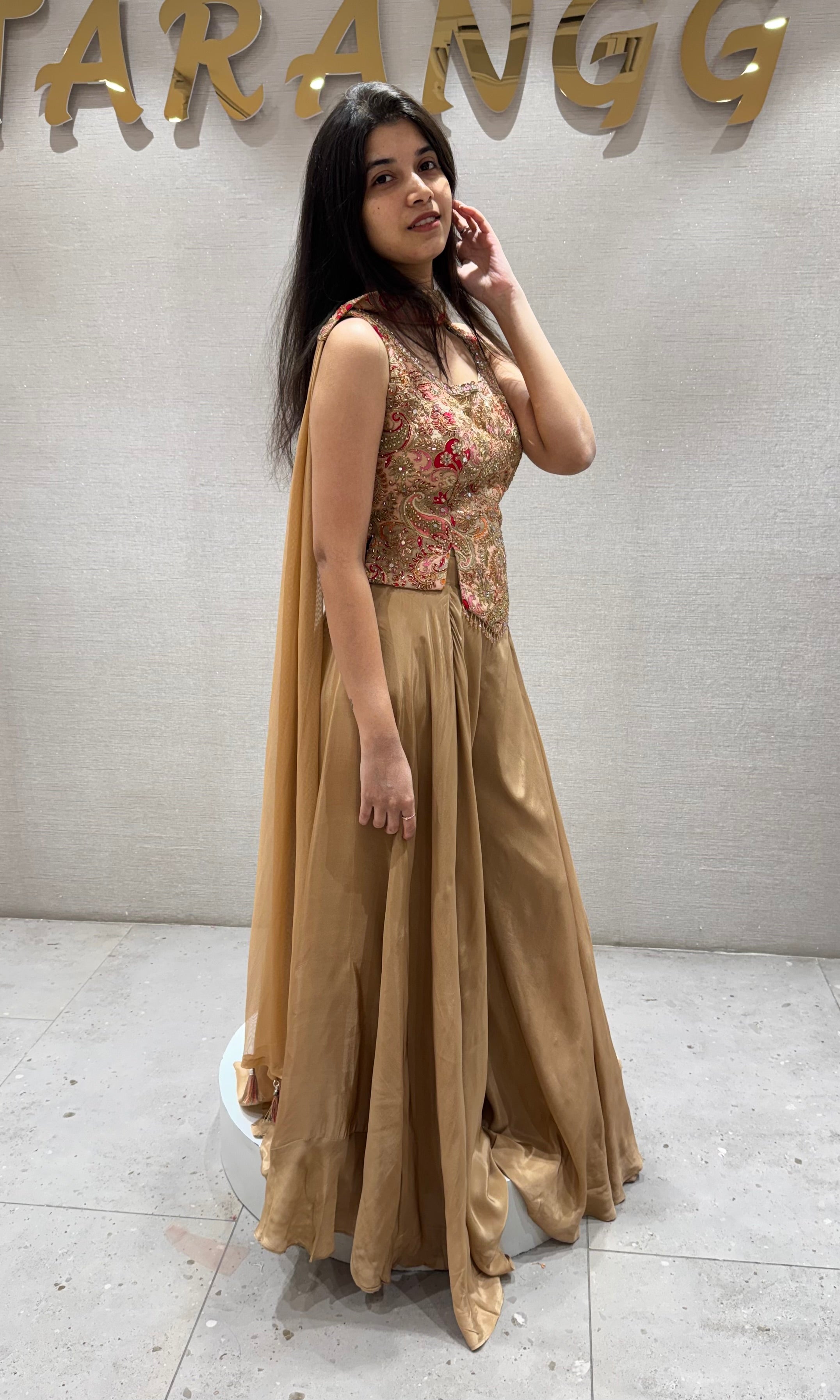 Brown EMBROIDERED PEPLUM PALAZZO SET