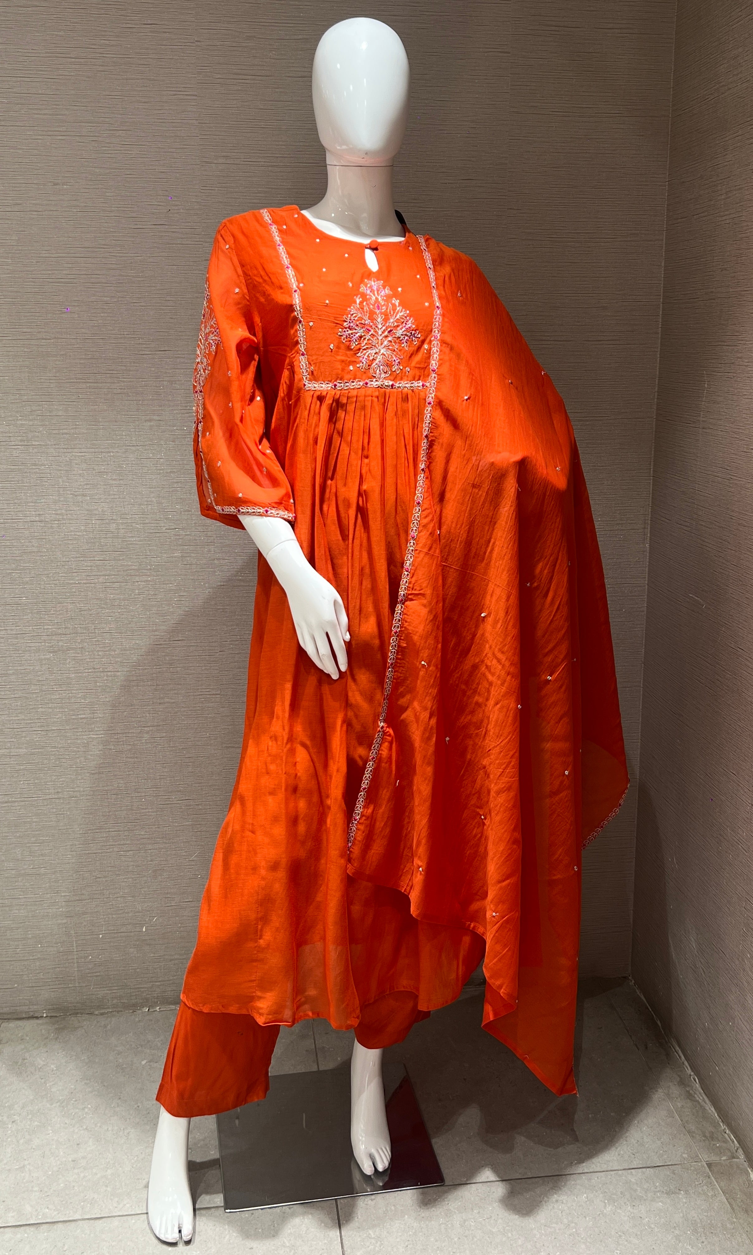 Orange mul Chanderi Anarkali kurta set