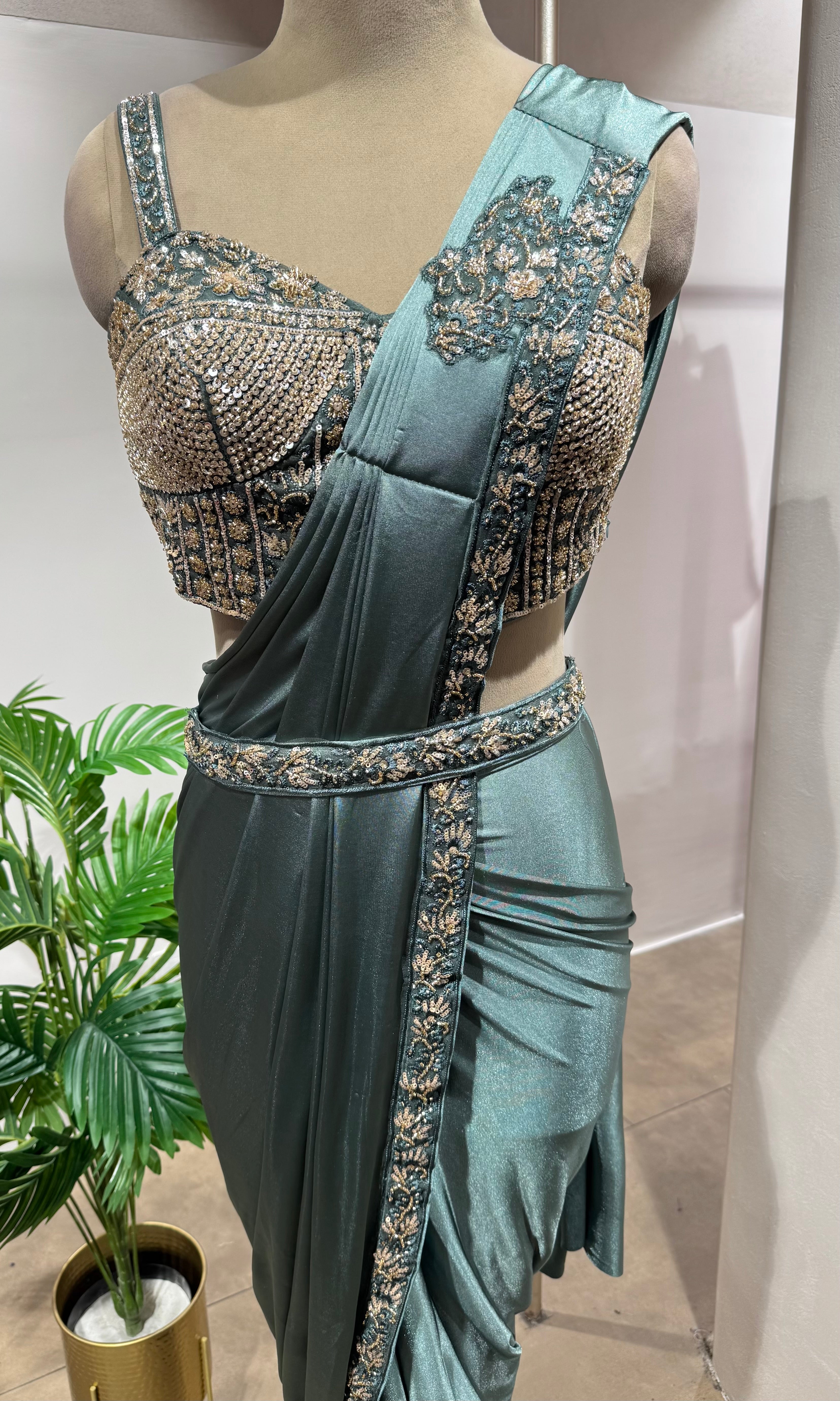 sea green drape saree WITH CORSET BLOUSE