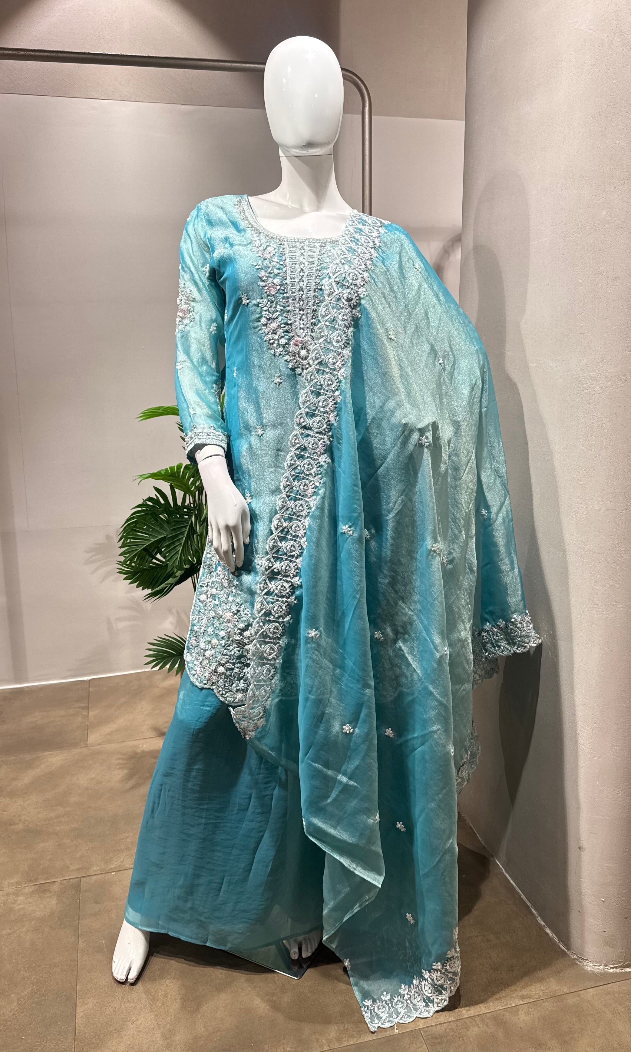 Sky Blue Embroidered Silk Palazzo set