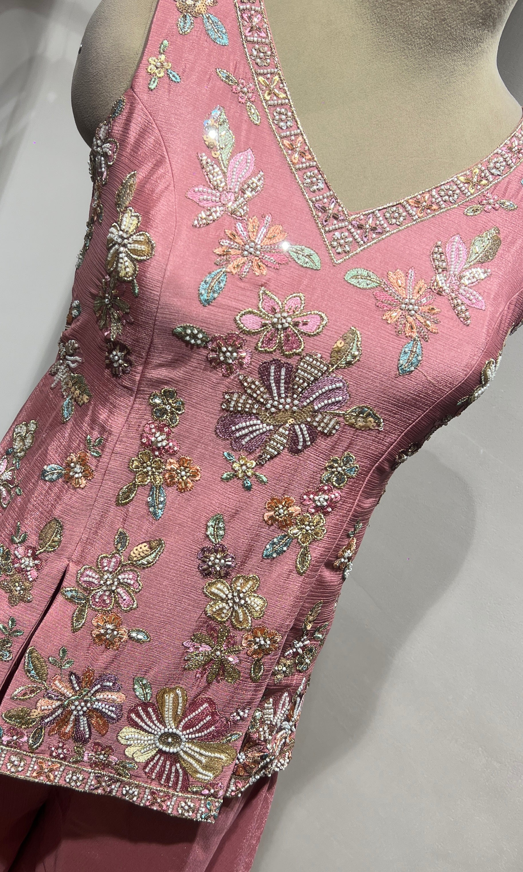Baby Pink Floral Embroidered Palazzo Suit