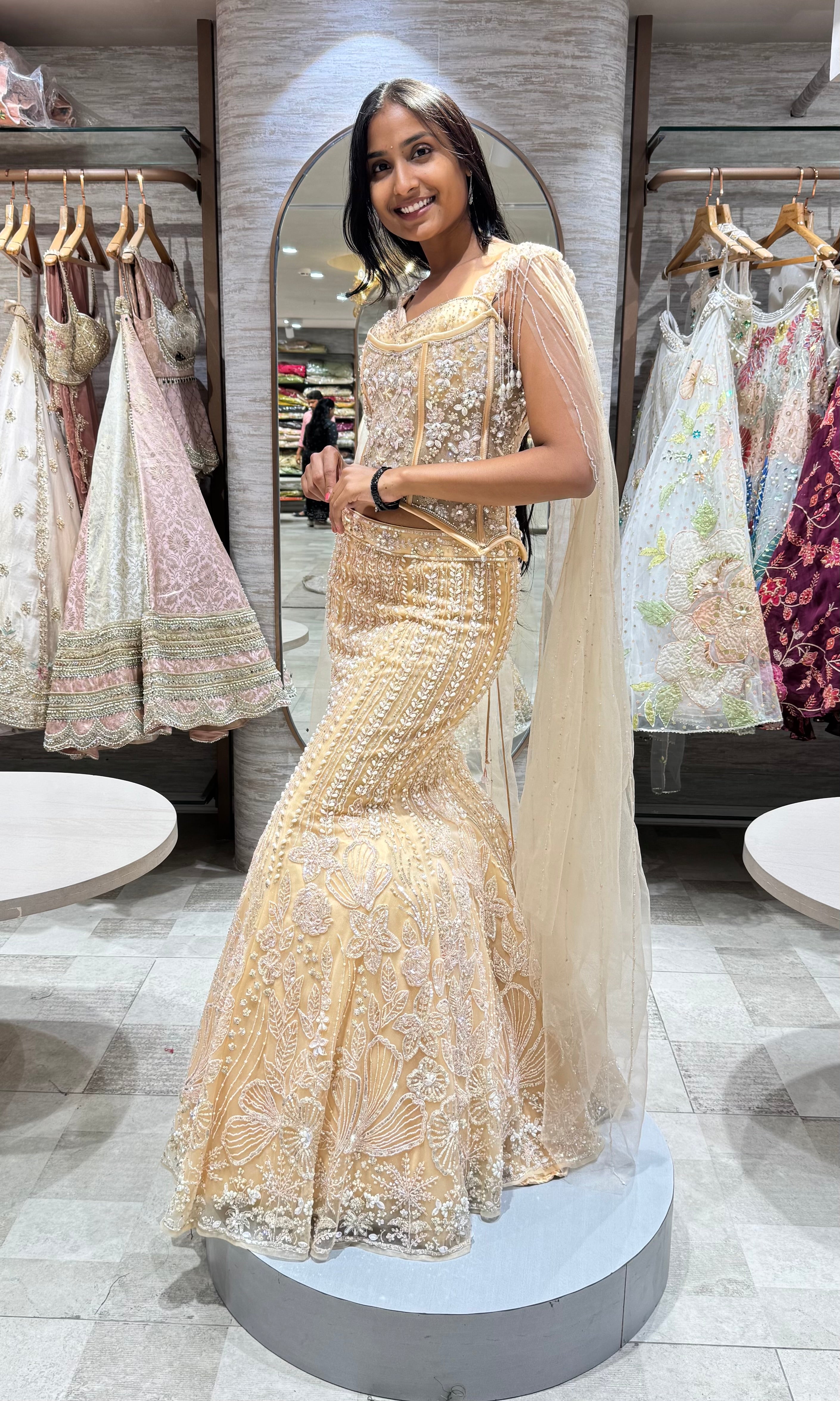 GOLD LEHENGA WITH CORSET BLOUSE & CAPE