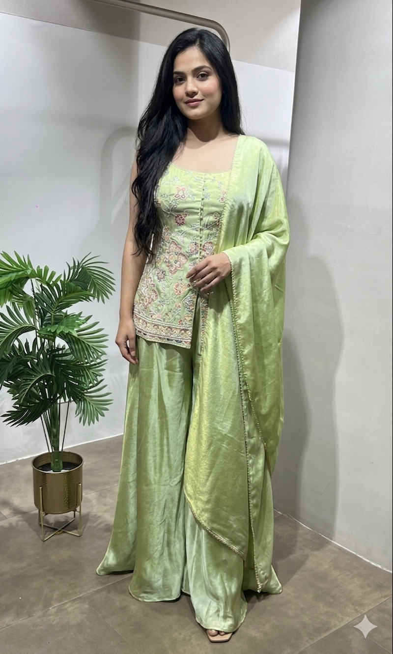Green Embroidered Peplum & Palazzo suit
