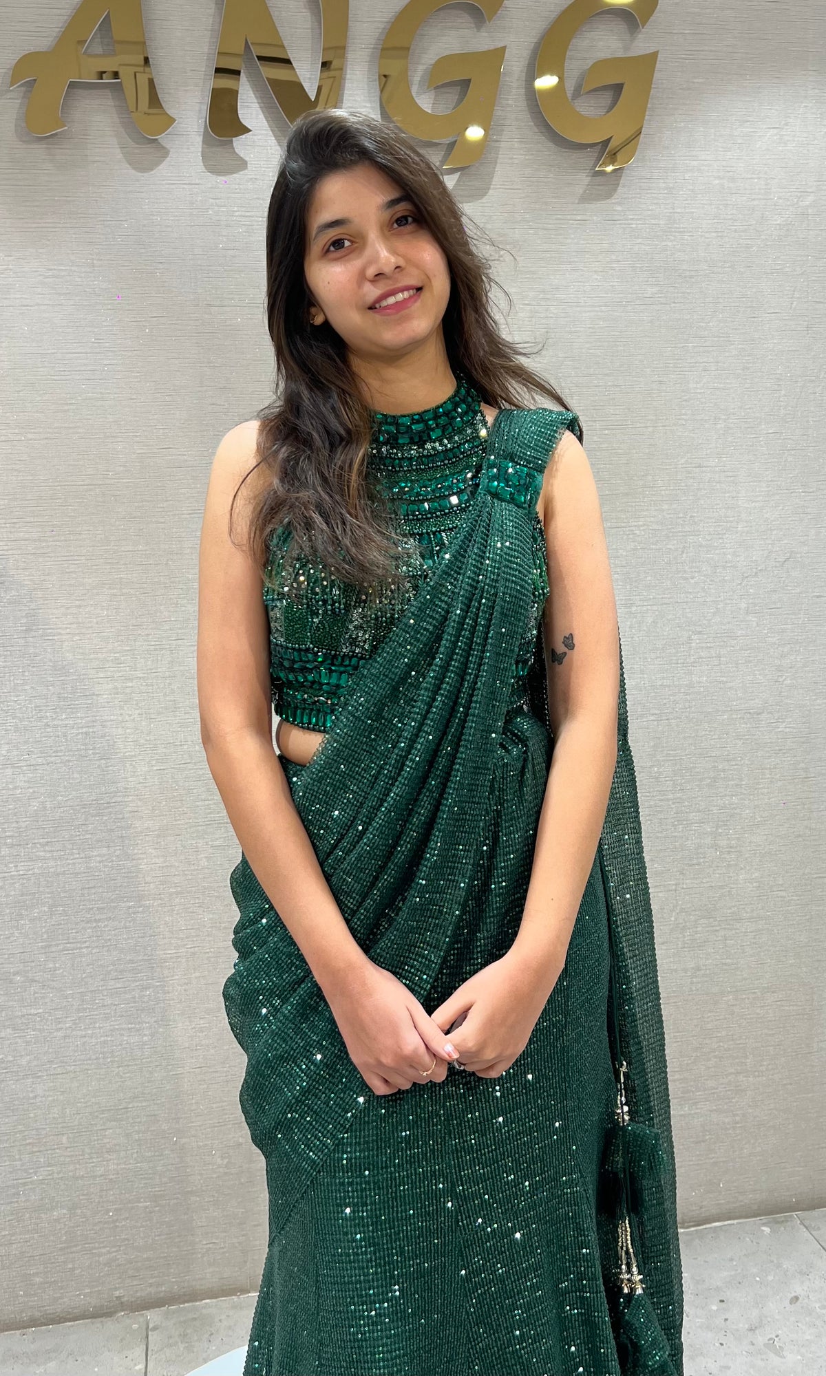Green Glamour Pre-Draped Saree with halter blouse