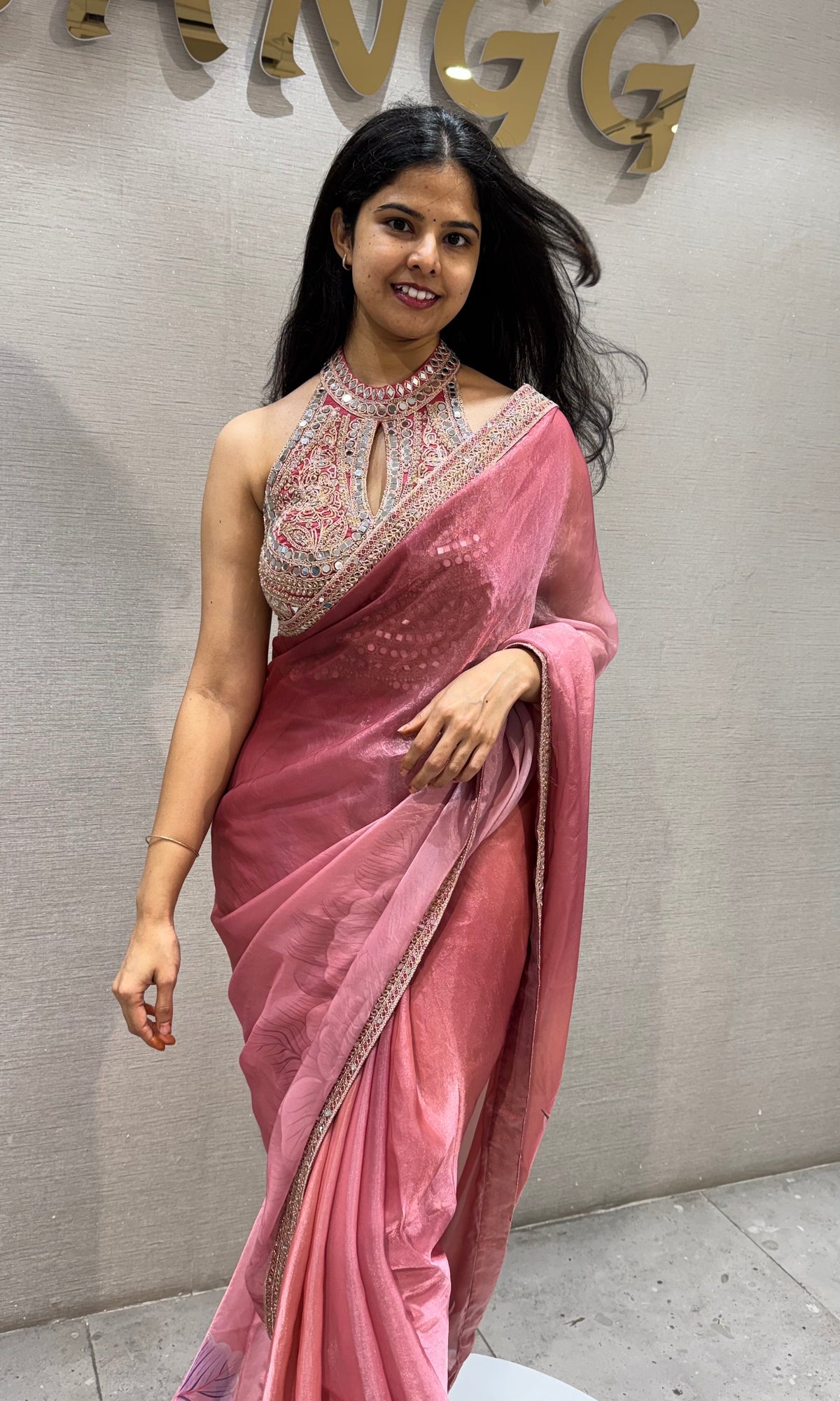 Blush Pink Satin Organza Floral Saree with Scalloped Border
