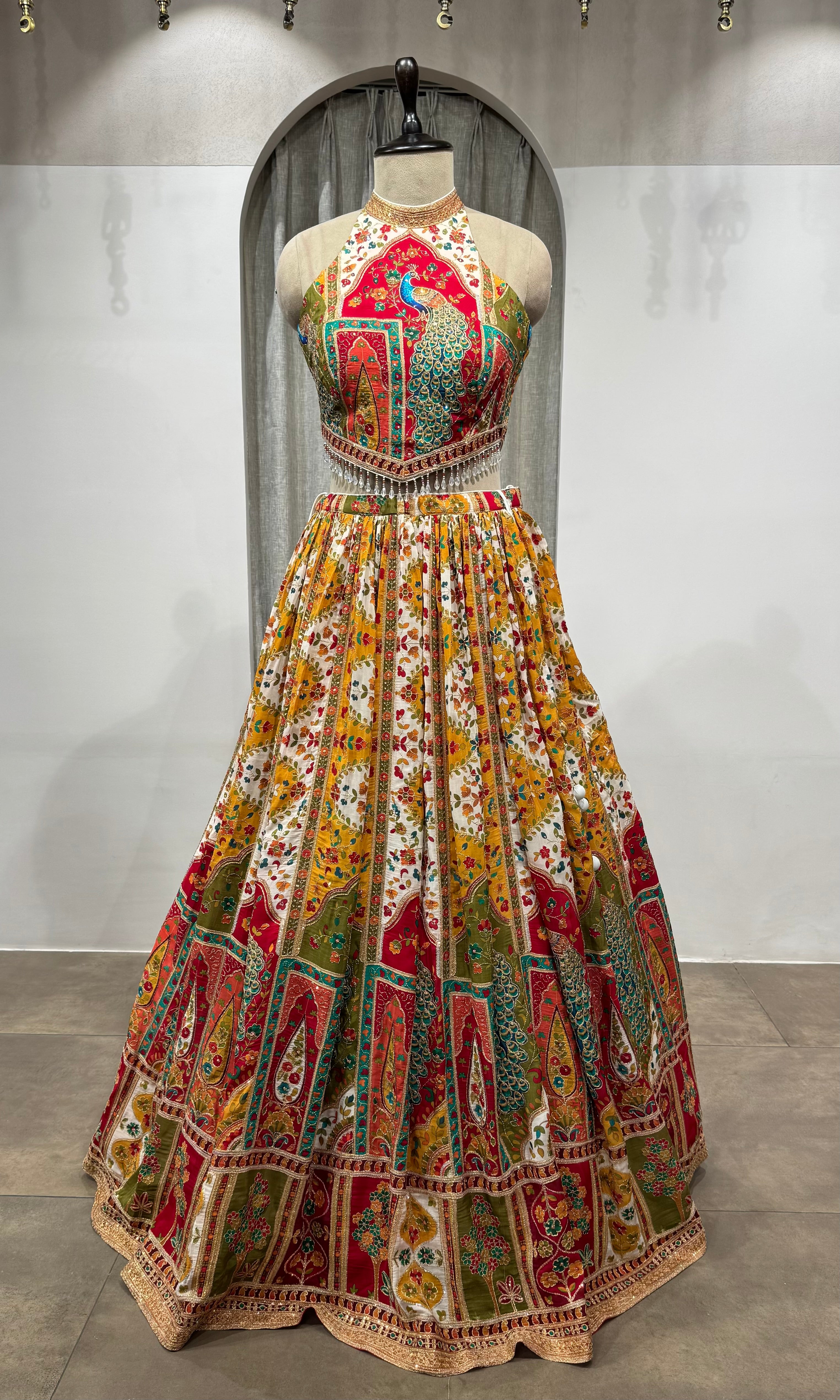 Multicolor Printed halter neck embroidered lehenga