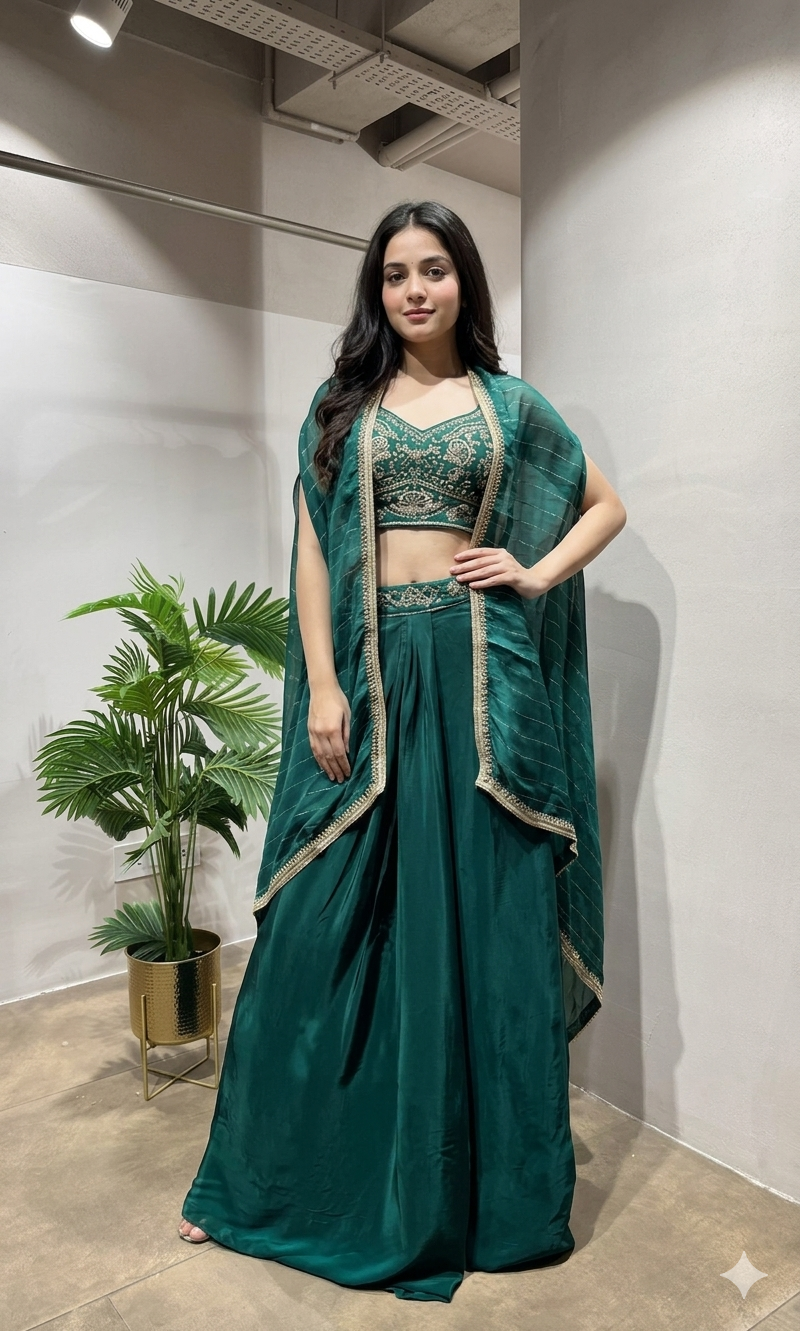Green Embroidered Blouse Drape Skirt Set