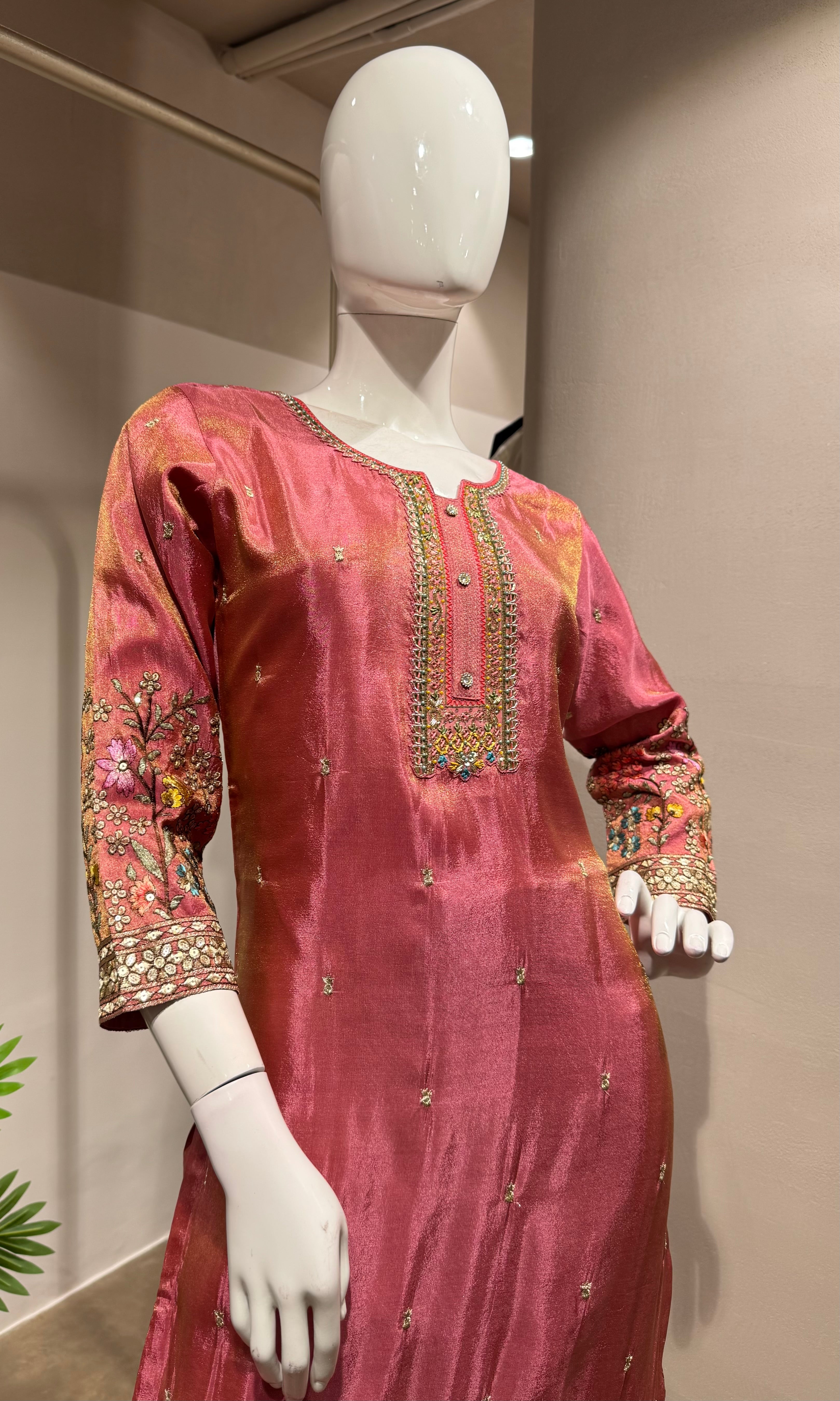 Pink Silk Straight Cut Suit with Zari Detailing