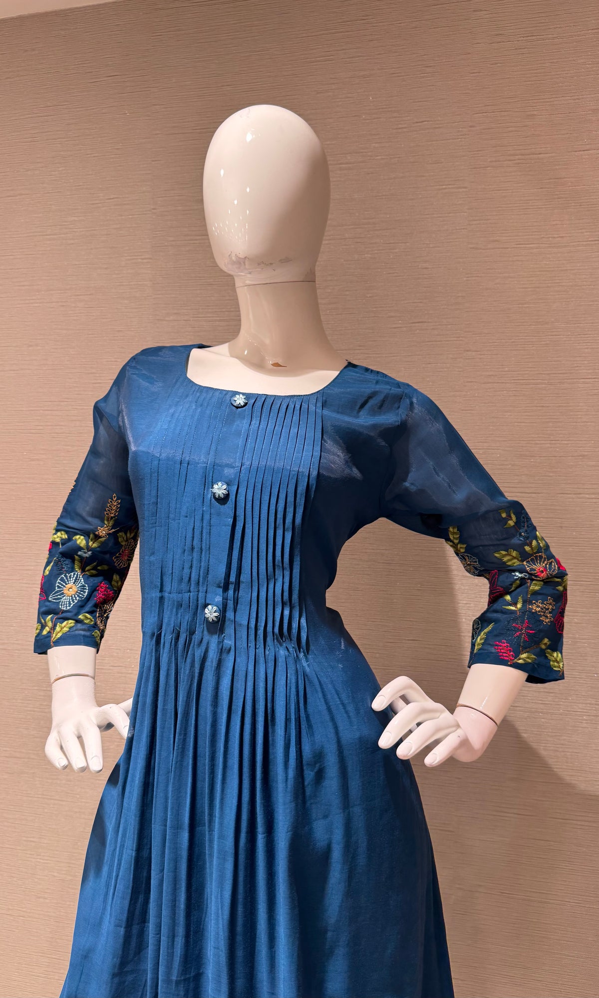 Navy Blue Floral Mul Chanderi Kurta set with dupatta