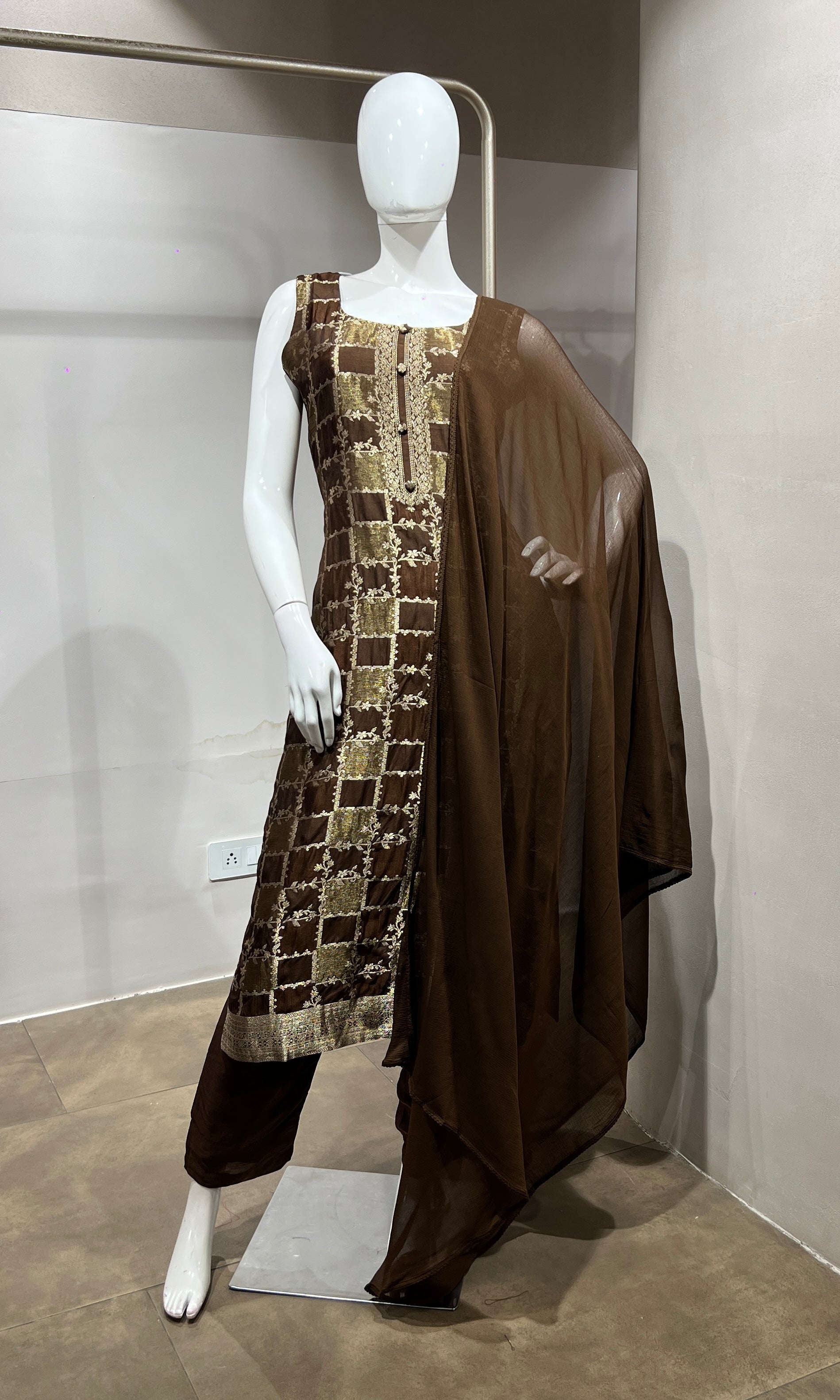 brown Silk Embroidered Zari Kurta Set